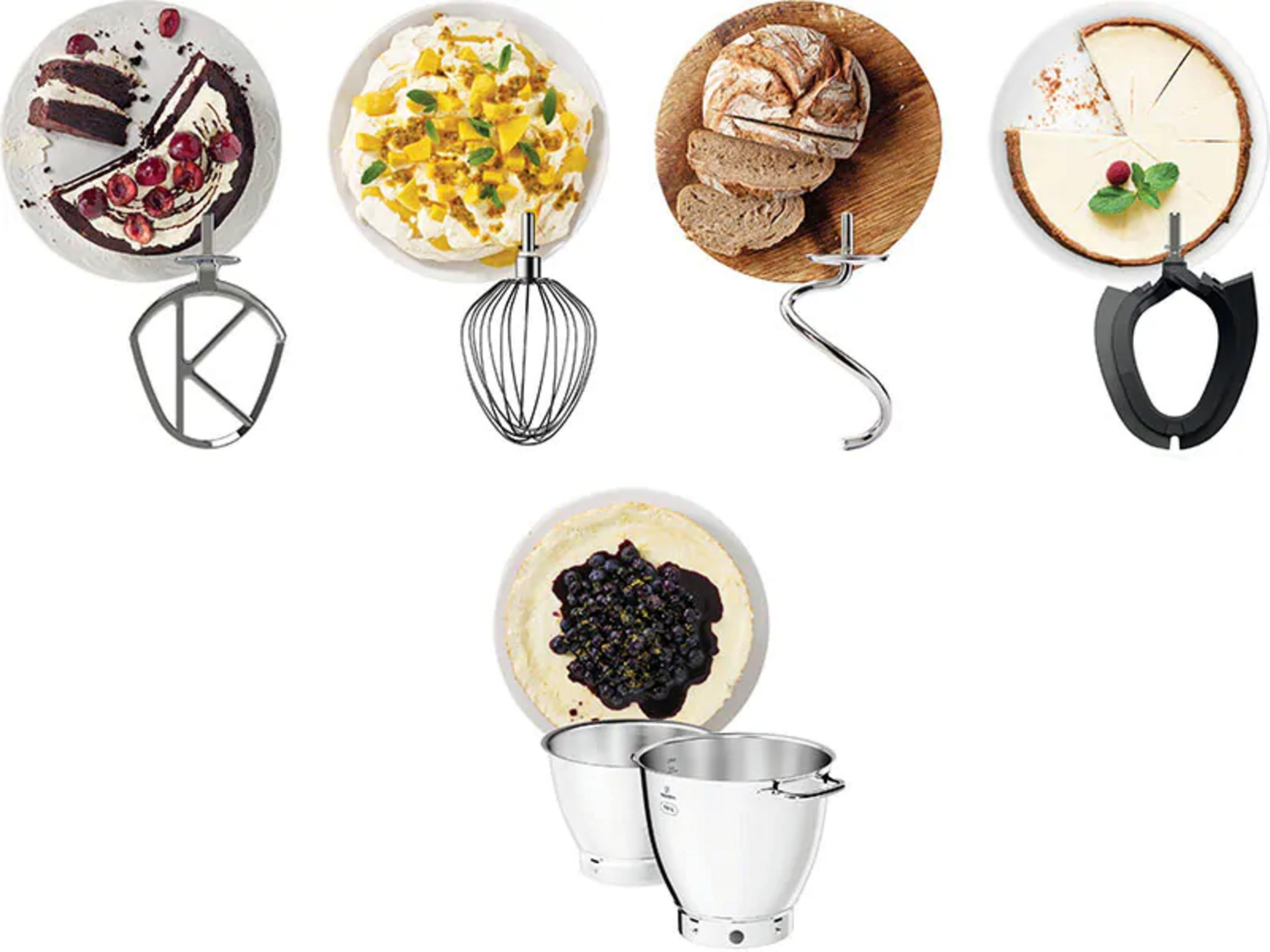 Desserts and baking attachments: Cake, meringue, bread, cheesecake, whisk, dough hook.