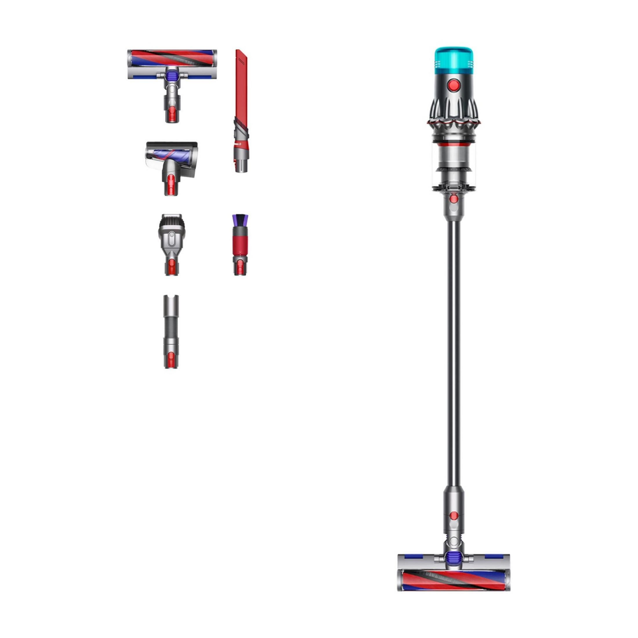 Ein Dyson-Staubsauger mit verschiedenen Aufsätzen und einem Bürstenkopf.