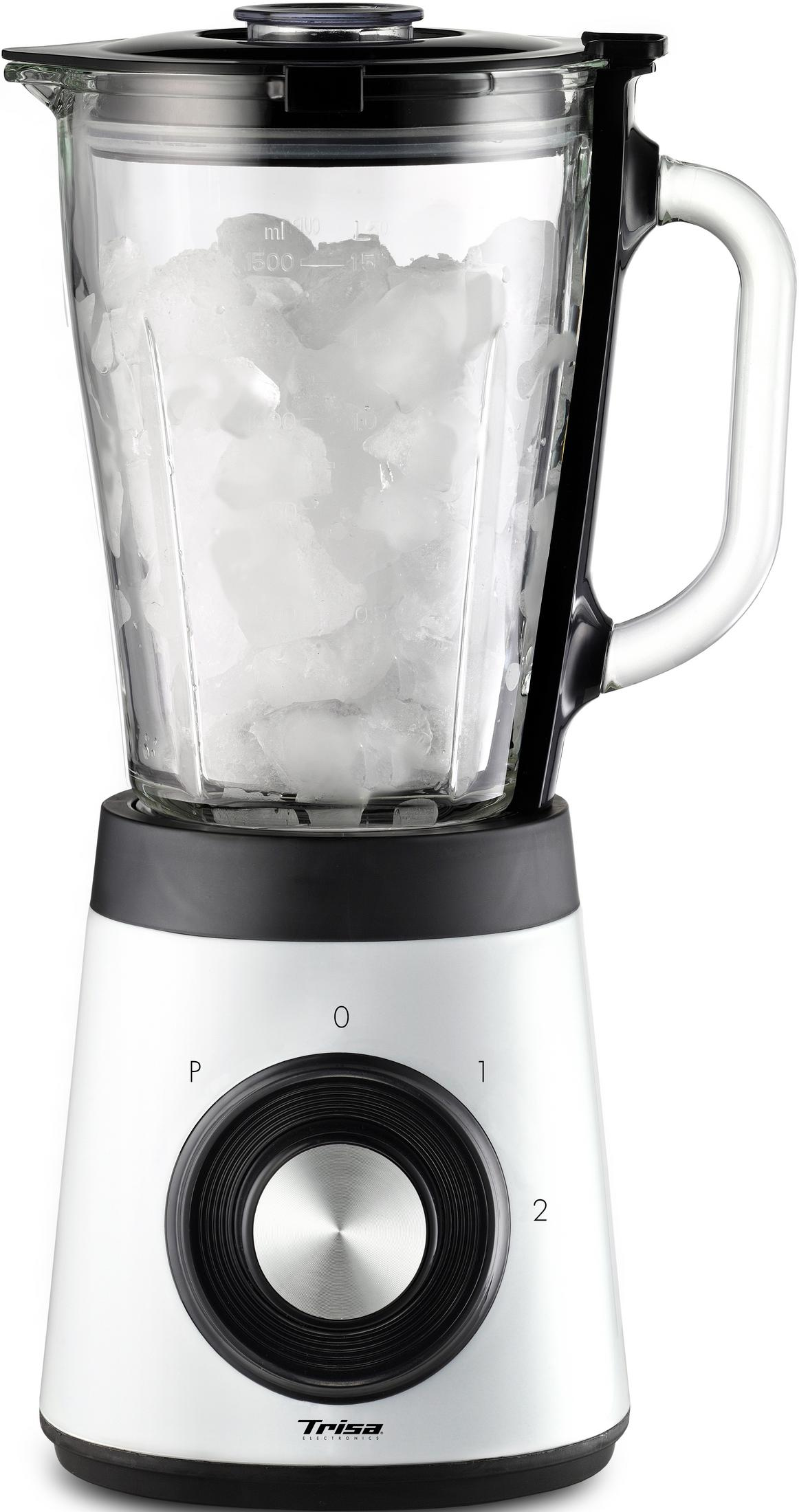Un blender blanc avec un bocal en verre plein de glaçons. Molette de commande noire.