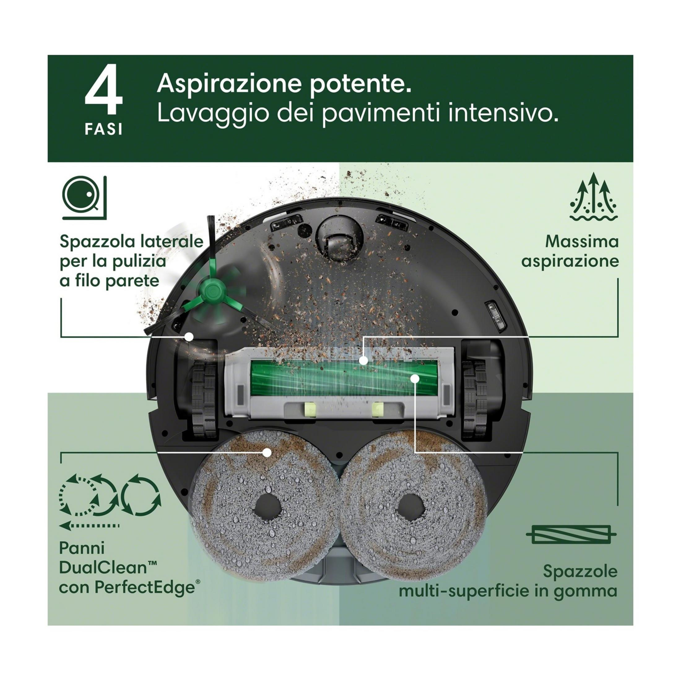 Ein Saugroboter mit Seitenbürste, Gummibürsten und DualClean-Pads.