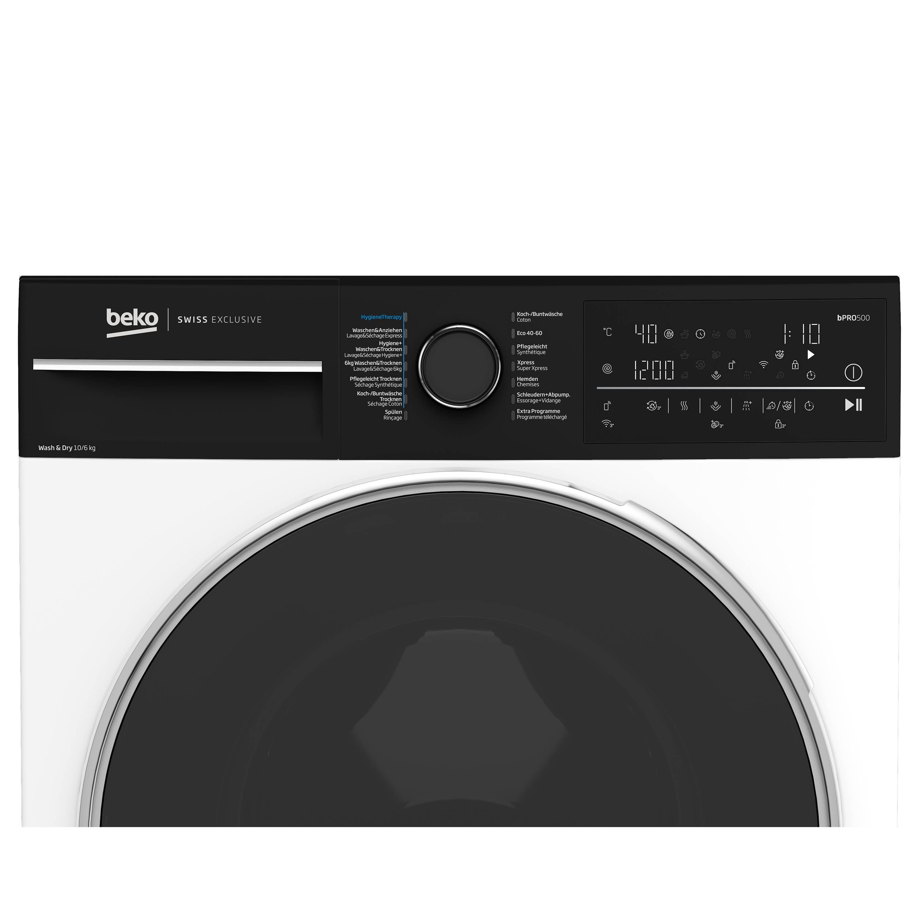Beko Waschmaschine mit Bedienfeld und Trommel. Anzeige zeigt 40°C, 1200 U/min.