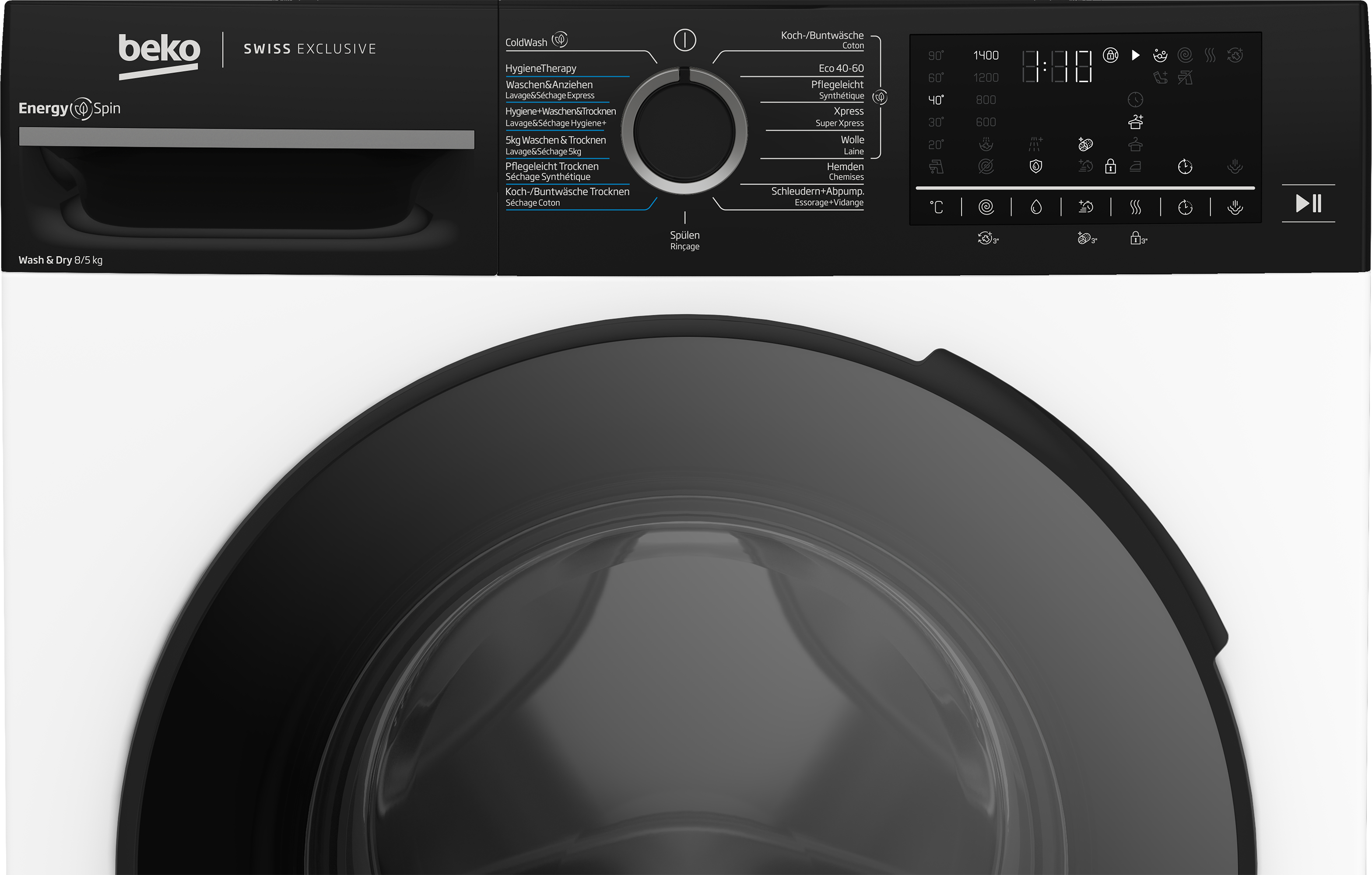 Beko Waschmaschine mit Bedienfeld, Display und Trommel. Programme wie Hygiene, Wolle, Kochwäsche.