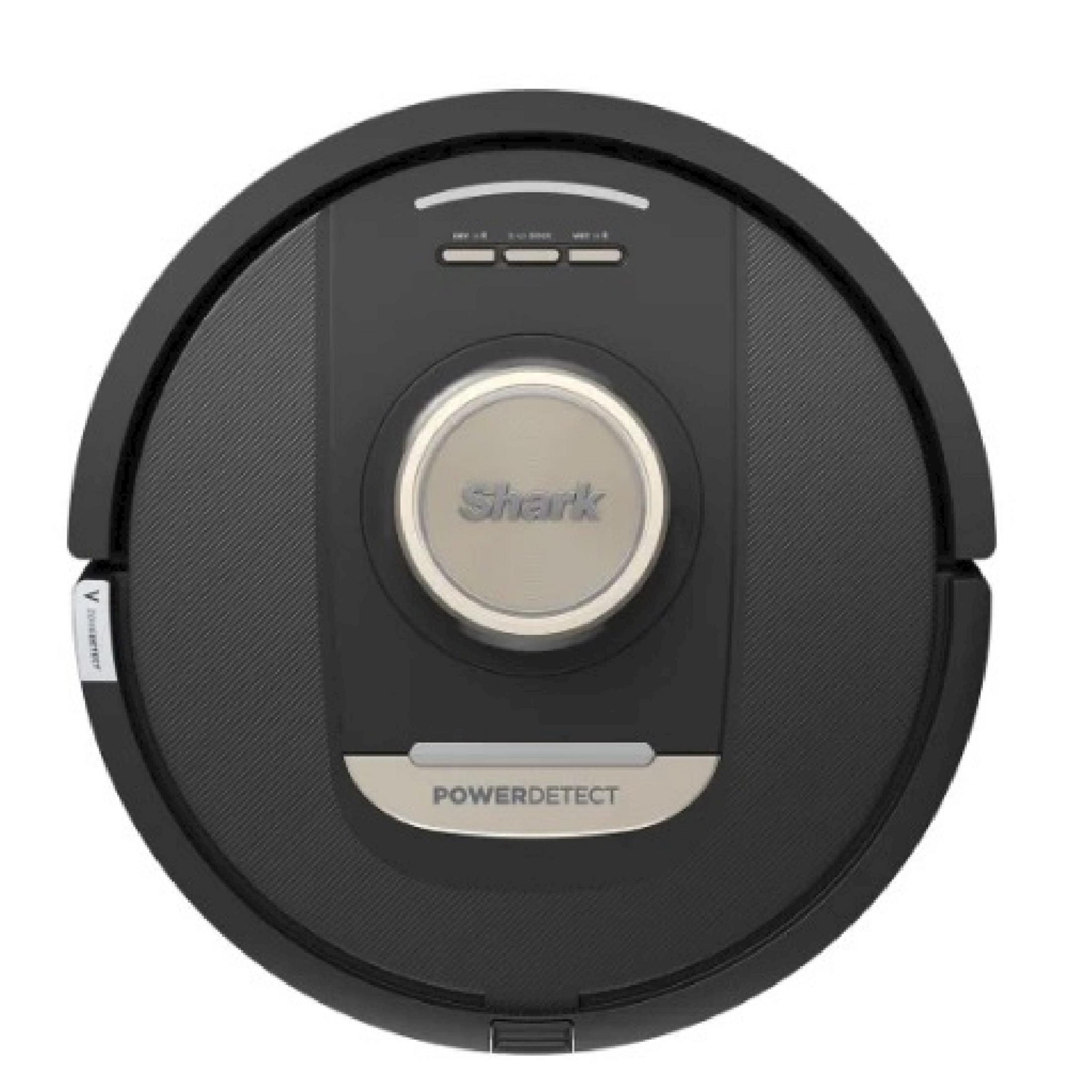 Okrągły, czarny robot sprzątający ze srebrnymi akcentami i przyciskami.