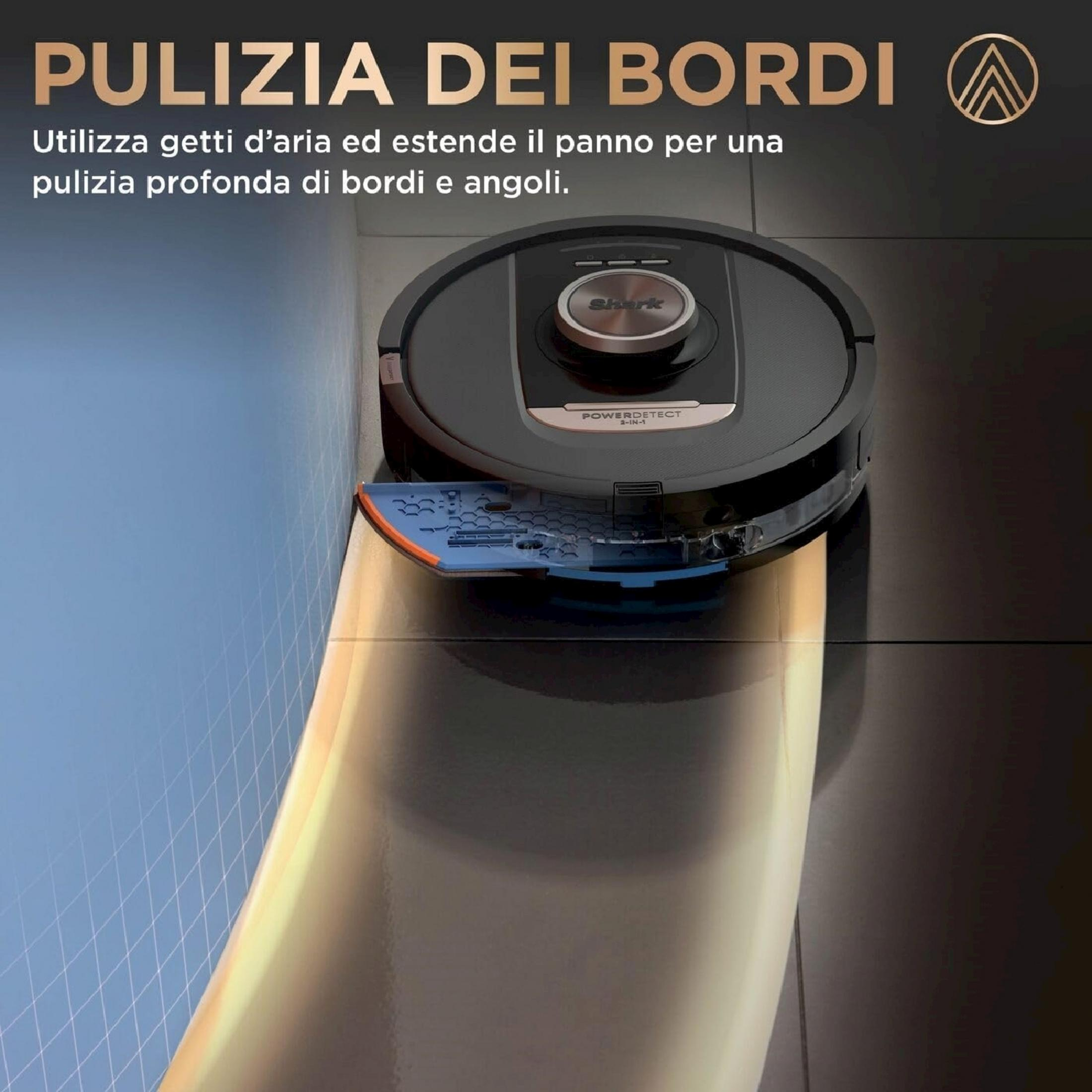 Odkurzacz automatyczny z niebiesko-pomarańczową nakładką czyszczący krawędź.