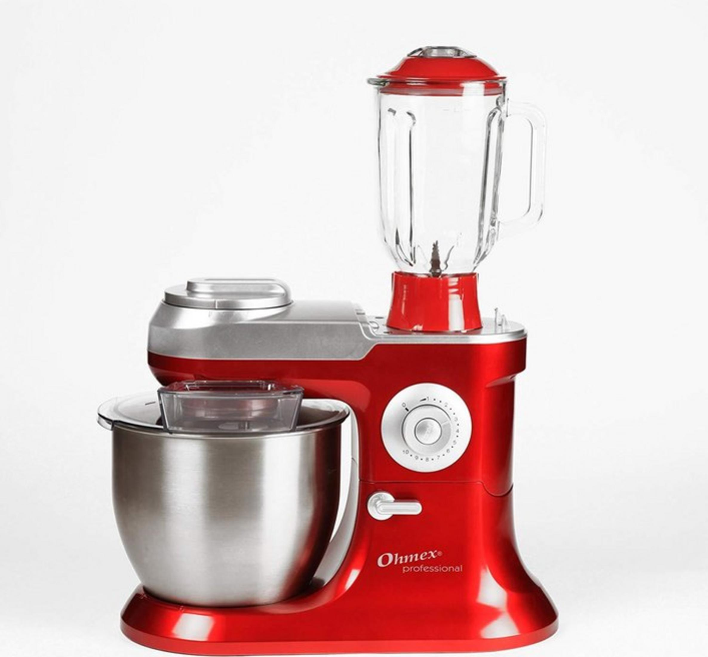 Ein roter Küchenmaschinen-Mixer mit Edelstahlschüssel und Glasaufsatz.