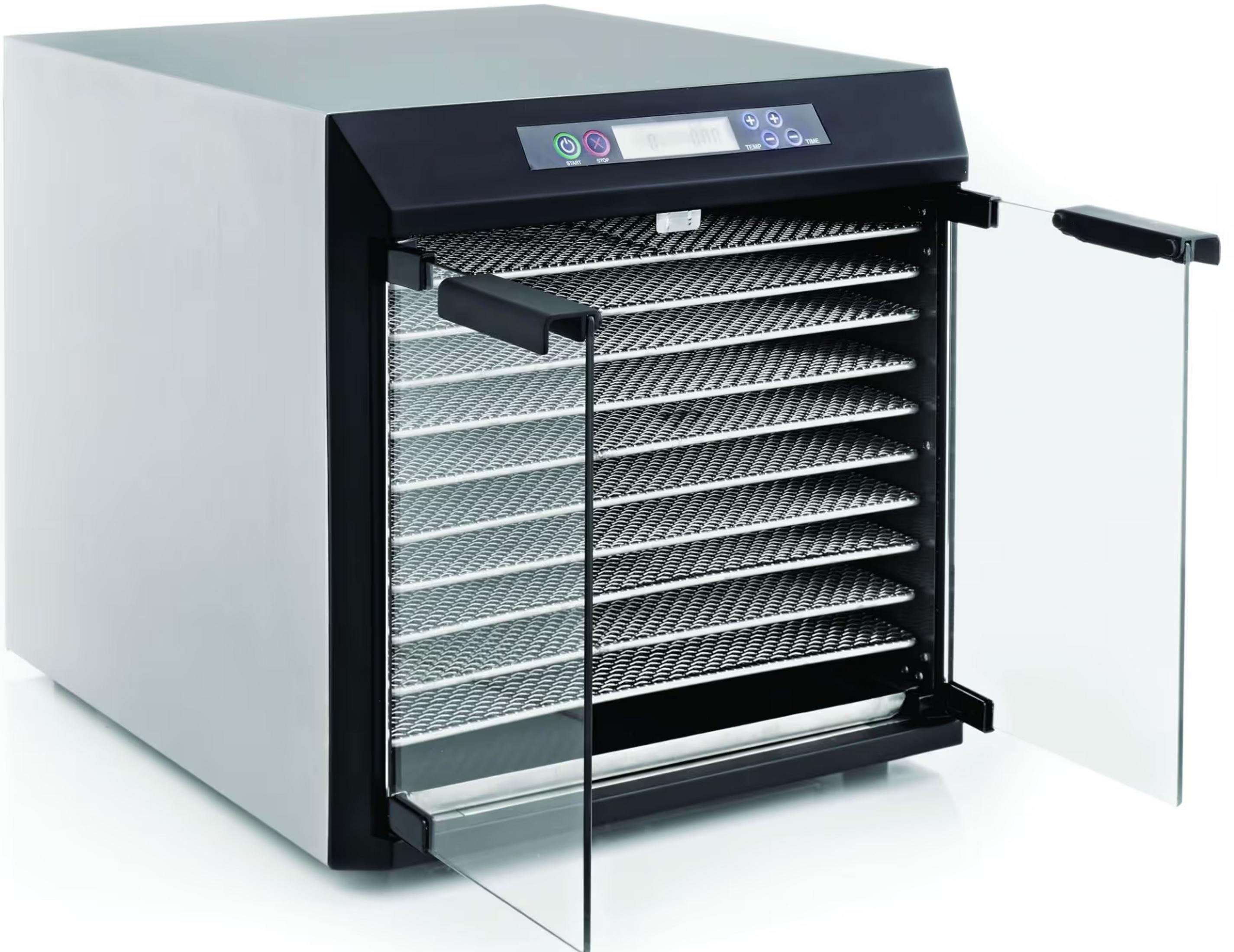 Déshydrateur alimentaire en acier inoxydable avec 10 grilles et porte vitrée.