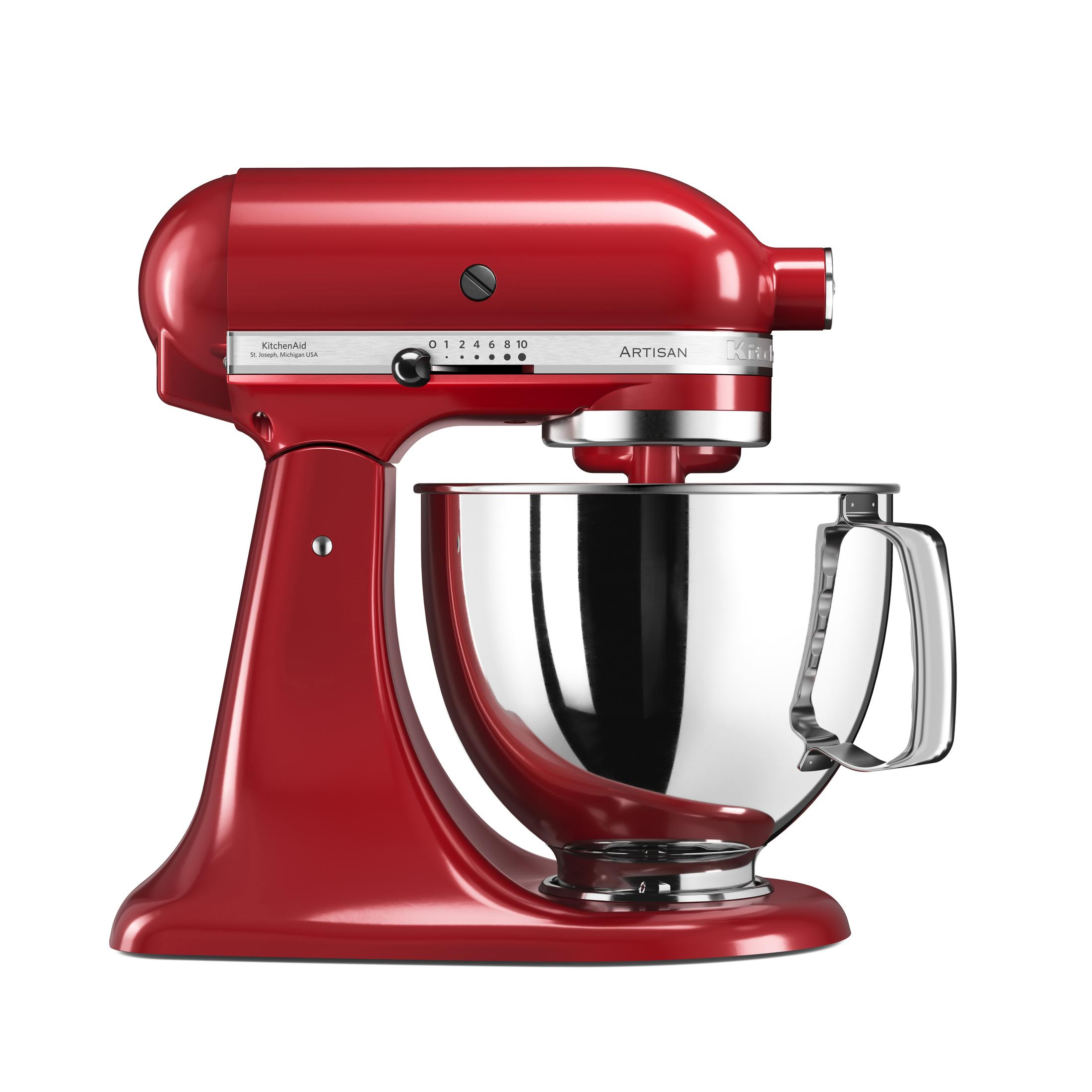 Una planetaria KitchenAid Artisan rossa con ciotola argentata.