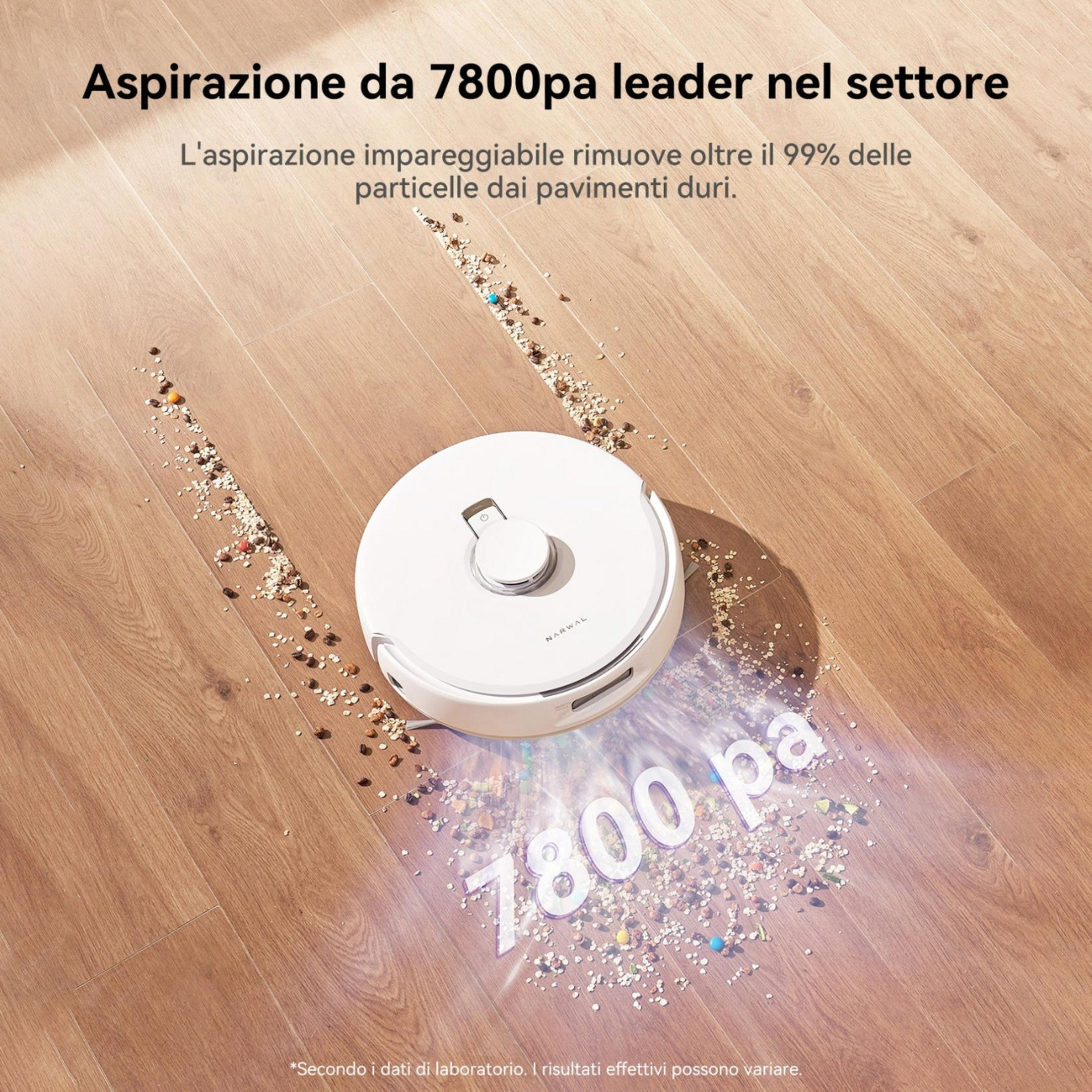 Un robot aspirapolvere bianco pulisce briciole e particelle dal pavimento.