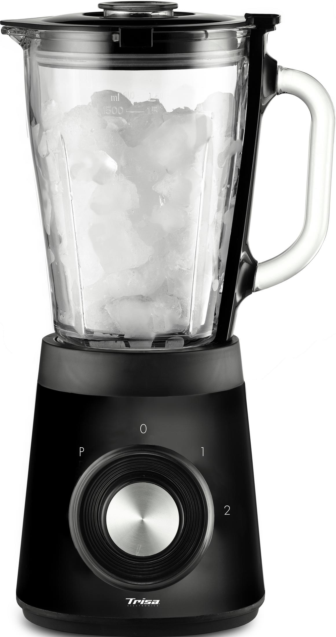 Un mixeur noir avec de la glace dans le bocal en verre et des boutons.