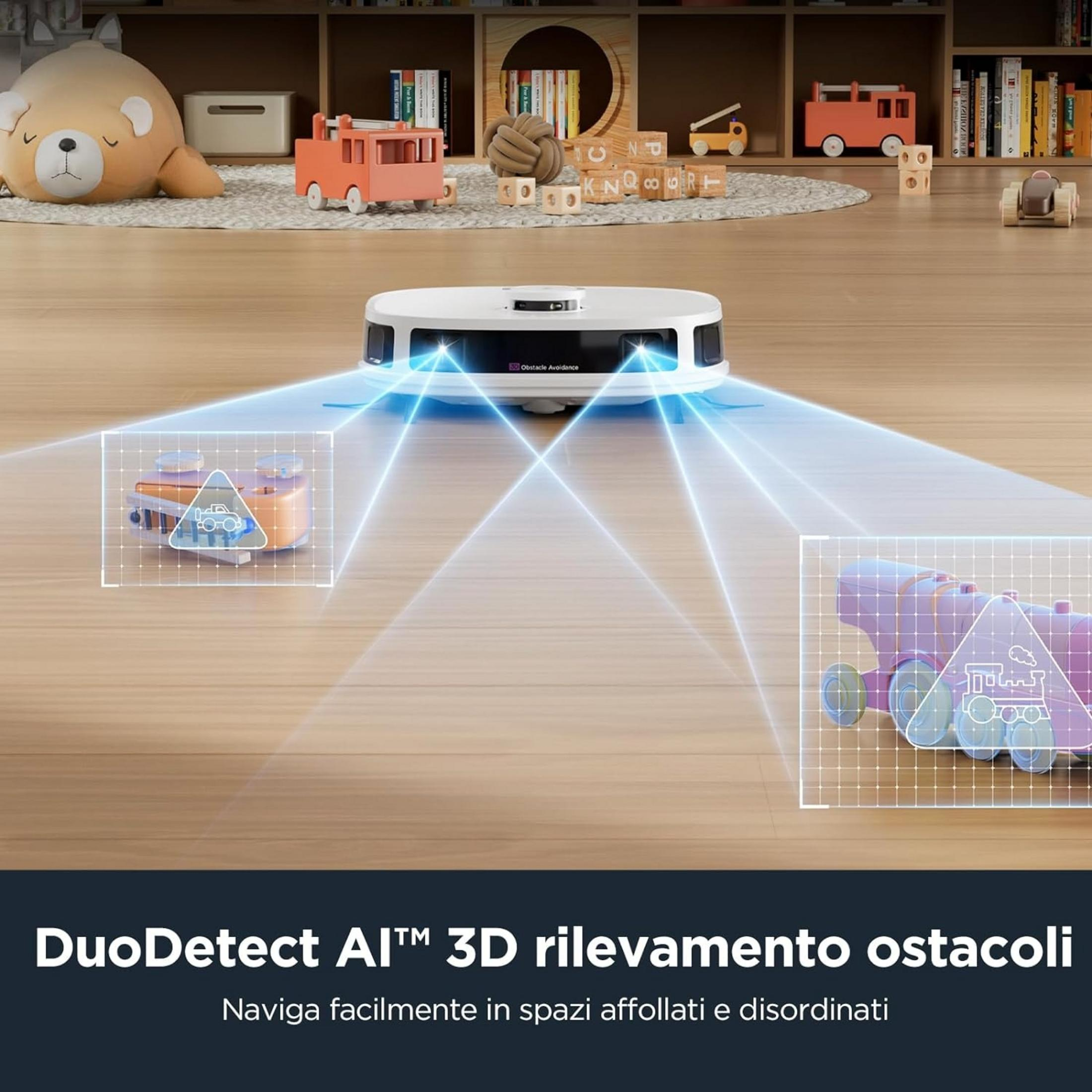 Un robot aspirador blanco escanea coches de juguete para detectar obstáculos.