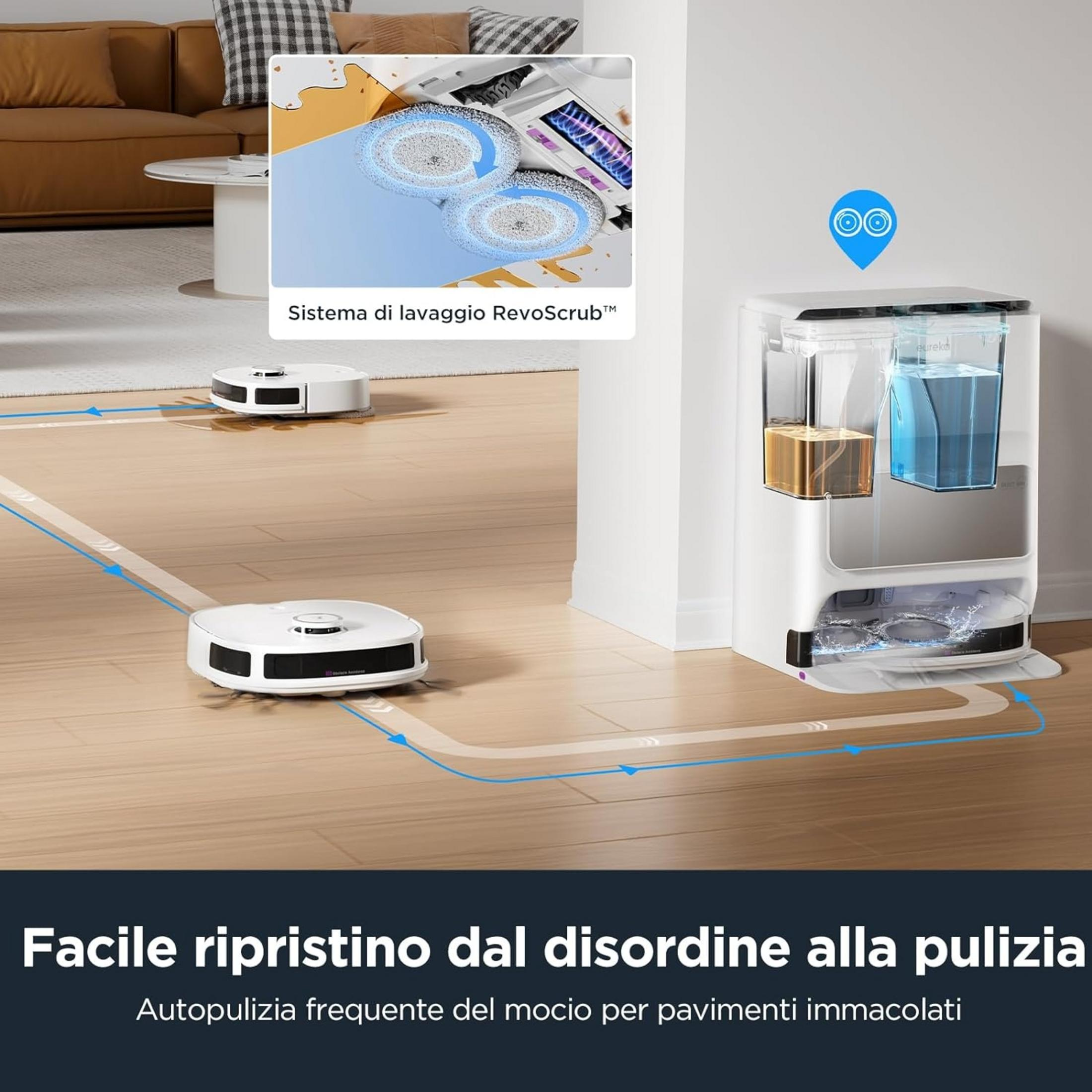 Dos robots aspiradores limpian un suelo de madera, una estación repone agua.
