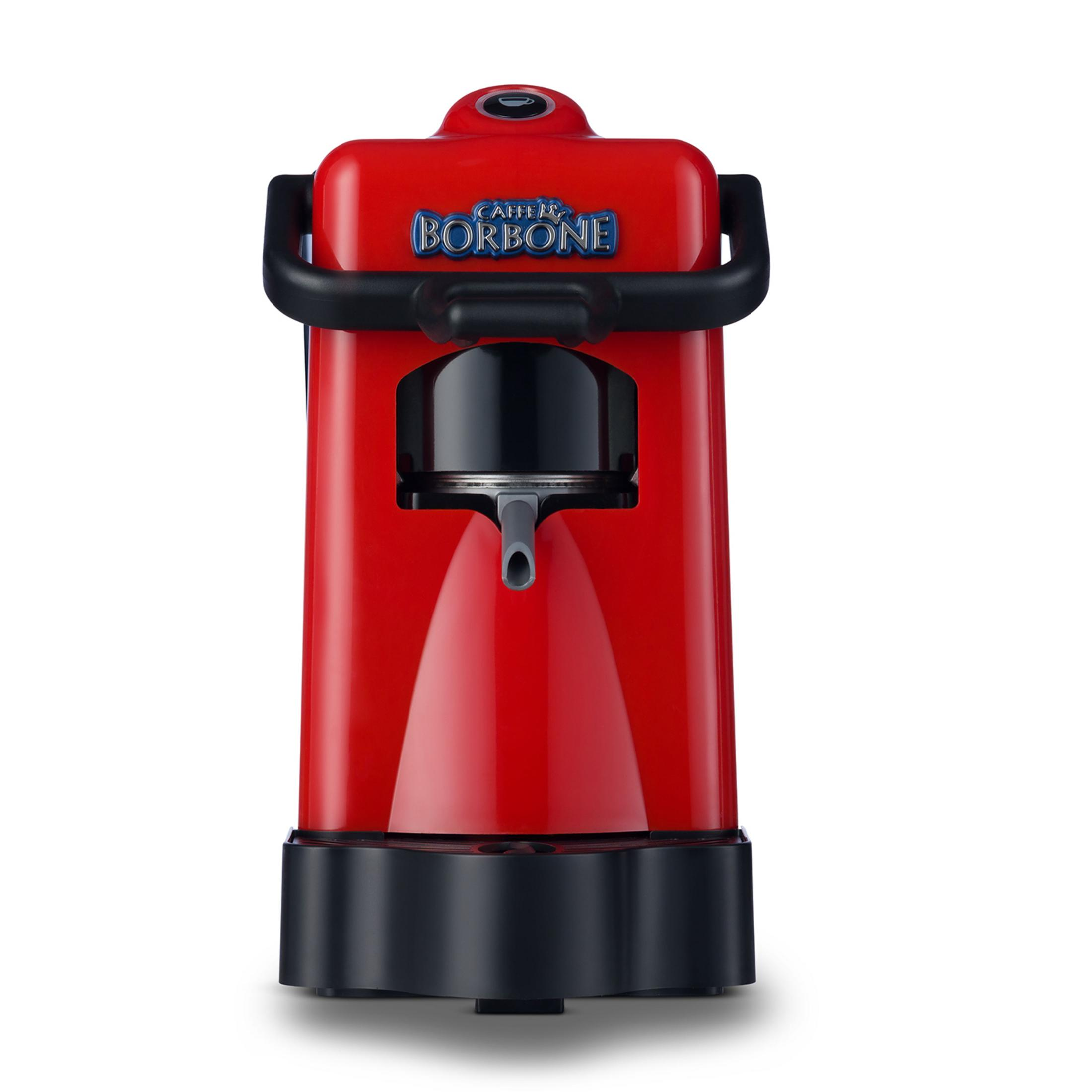 Una macchina del caffè rossa con base nera e logo argentato.