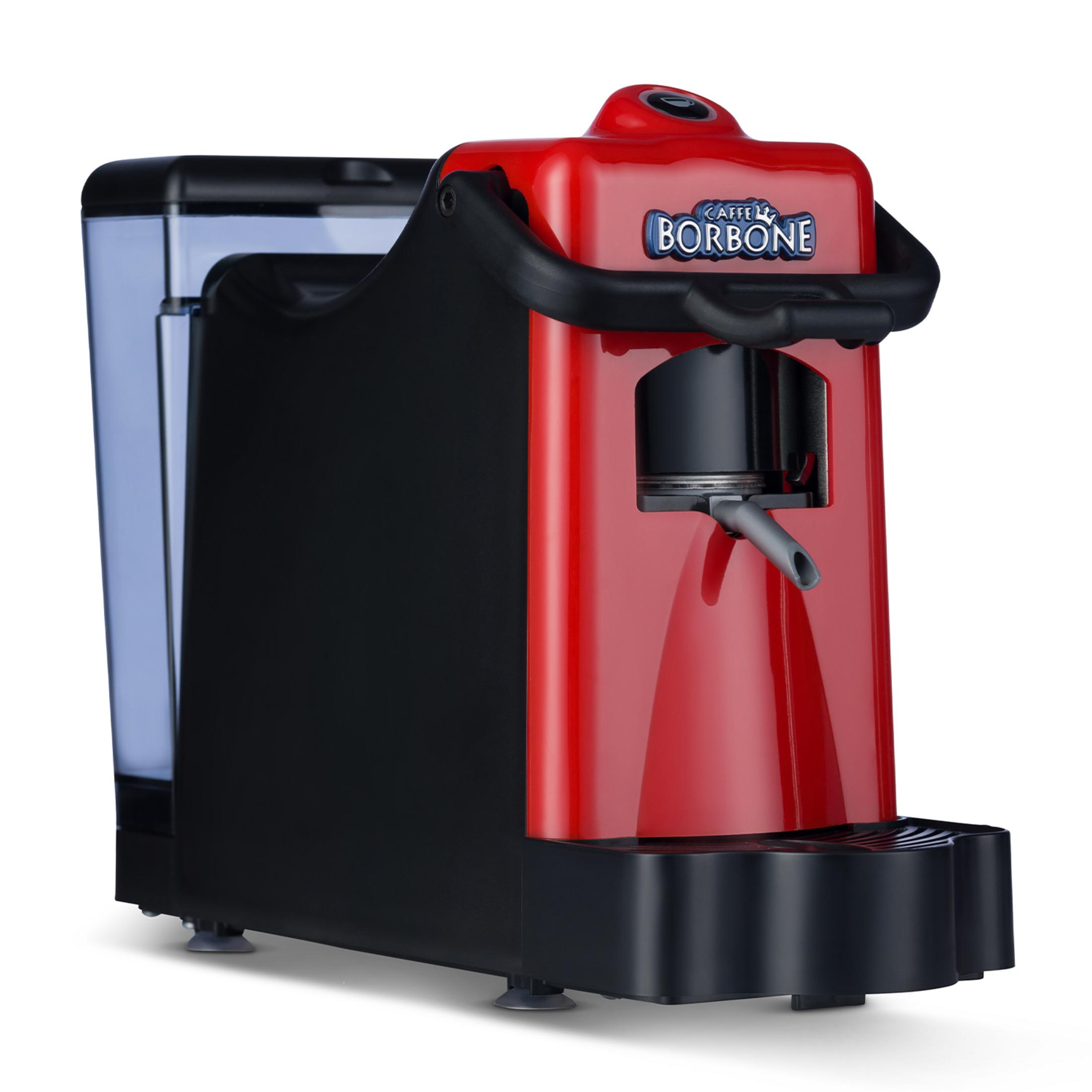 Una macchina da caffè rossa e nera con serbatoio dell'acqua.