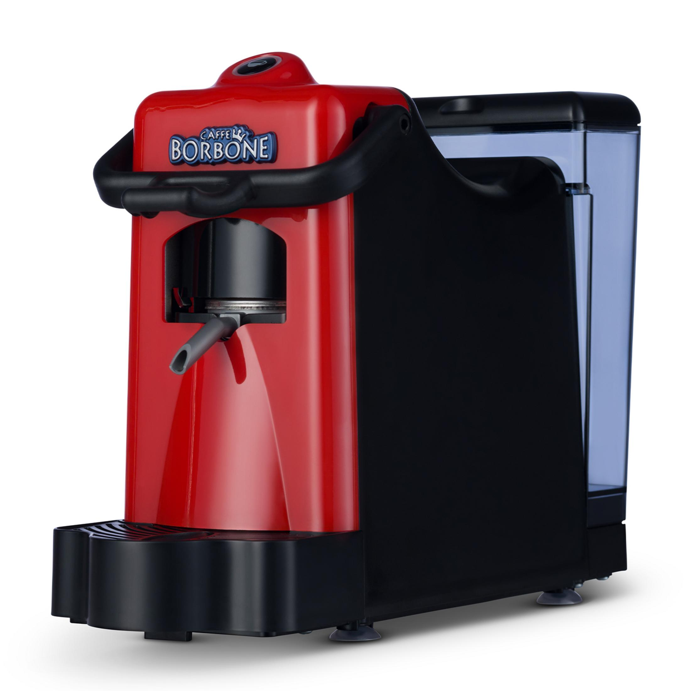 Macchina da caffè rossa e nera con logo BORBONE su sfondo trasparente.