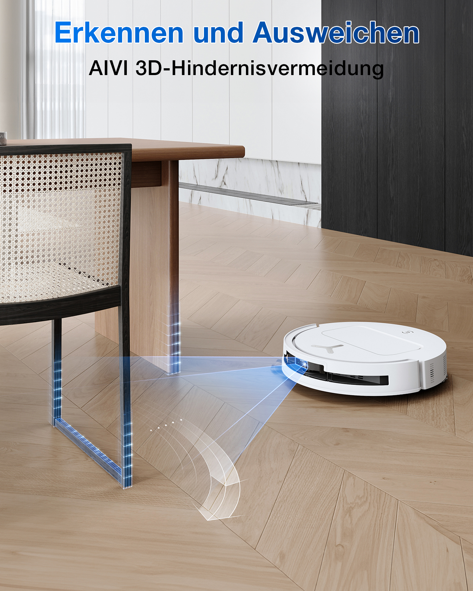 Ein weißer Saugroboter navigiert um einen Tisch und einen Stuhl.
