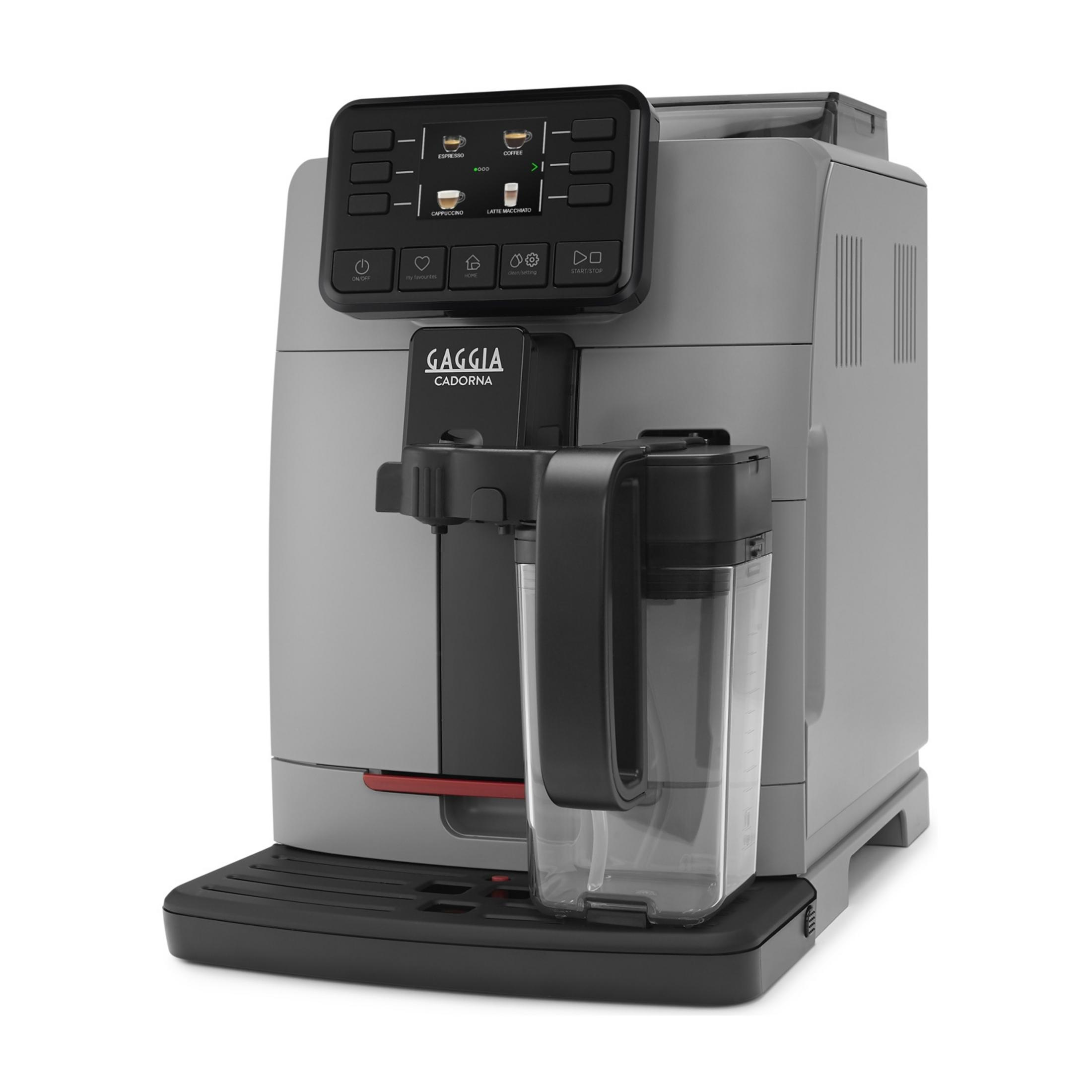 Graue Gaggia Cadornka Kaffeemaschine mit Touchscreen und Milchbehälter.