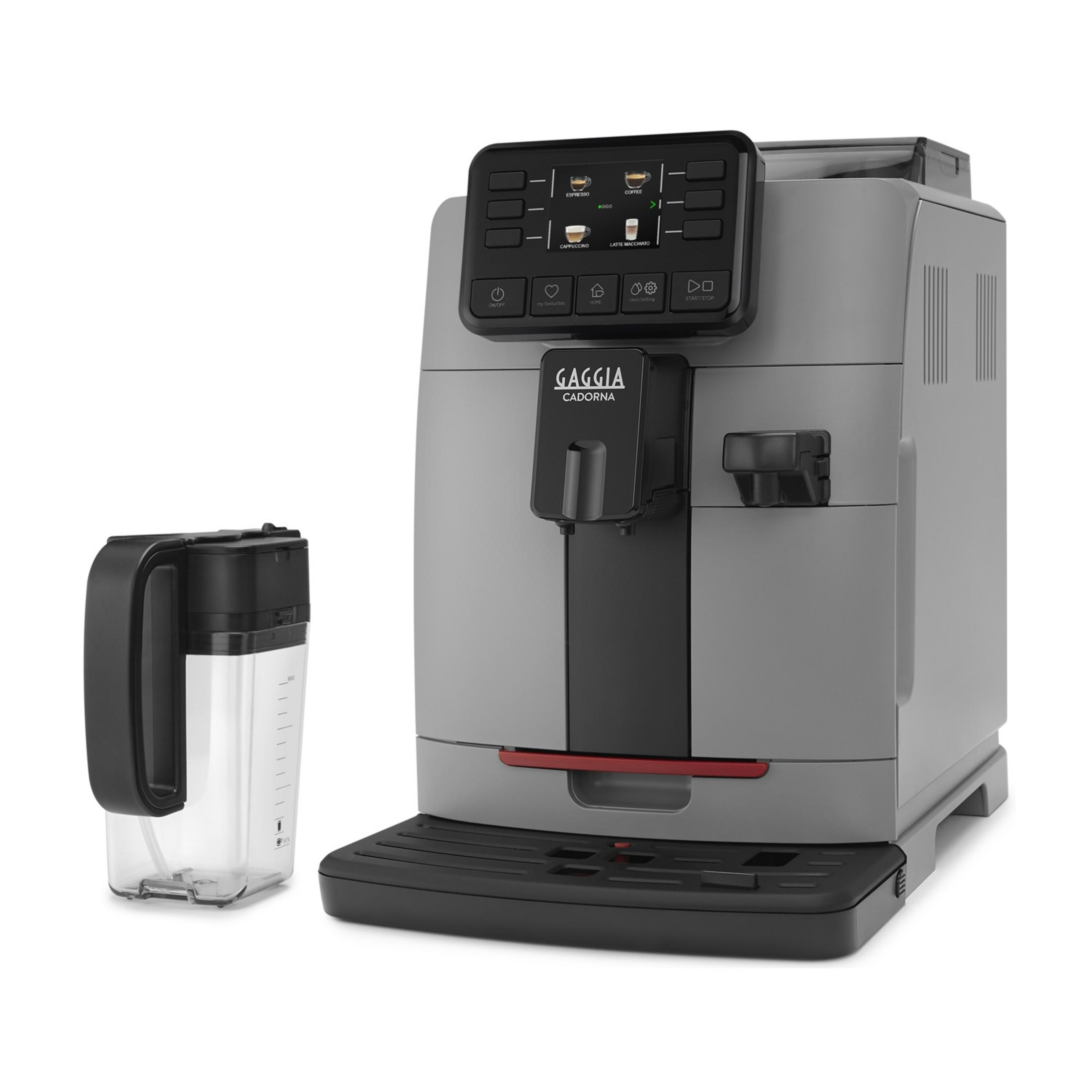 Grauer Kaffeevollautomat mit separatem Wassertank und Touchscreen-Bedienfeld.