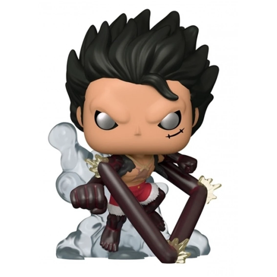 Eine Funko-Pop-Figur von Luffy mit schwarzen Haaren, roter Hose und rauchigem Sockel.