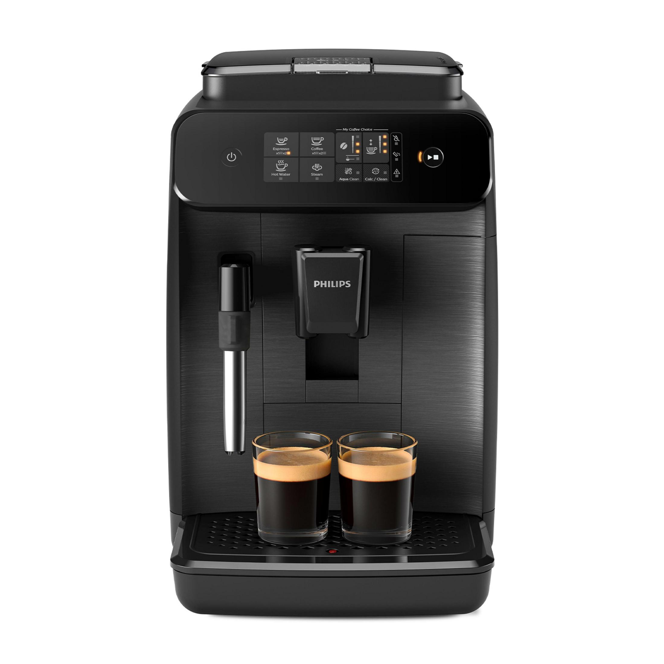 Czarny ekspres do kawy z dwoma szklankami espresso i panelem dotykowym.