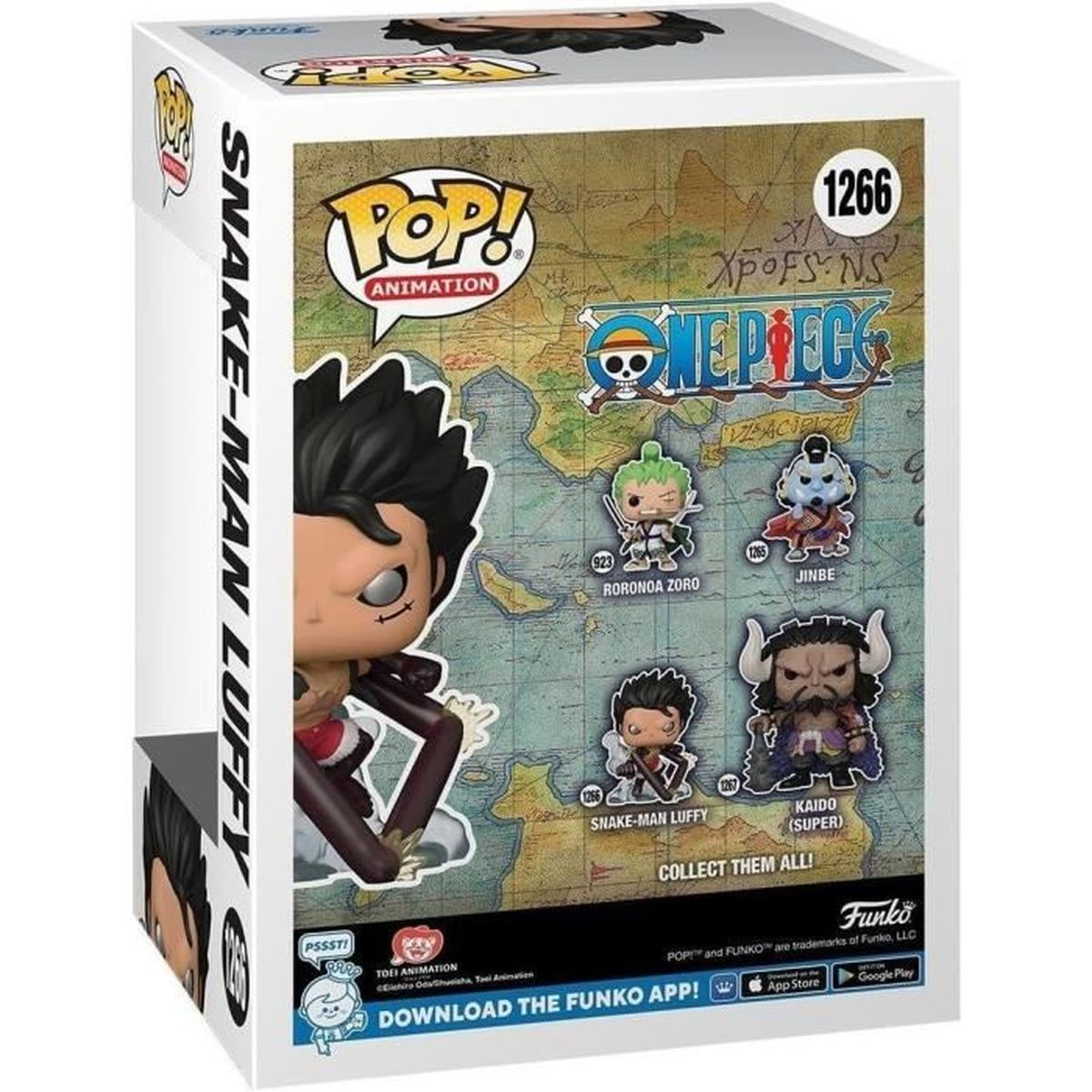 Funko Pop! Box zeigt Luffy, Zoro, Jinbe und Kaido auf einer Karte von One Piece.