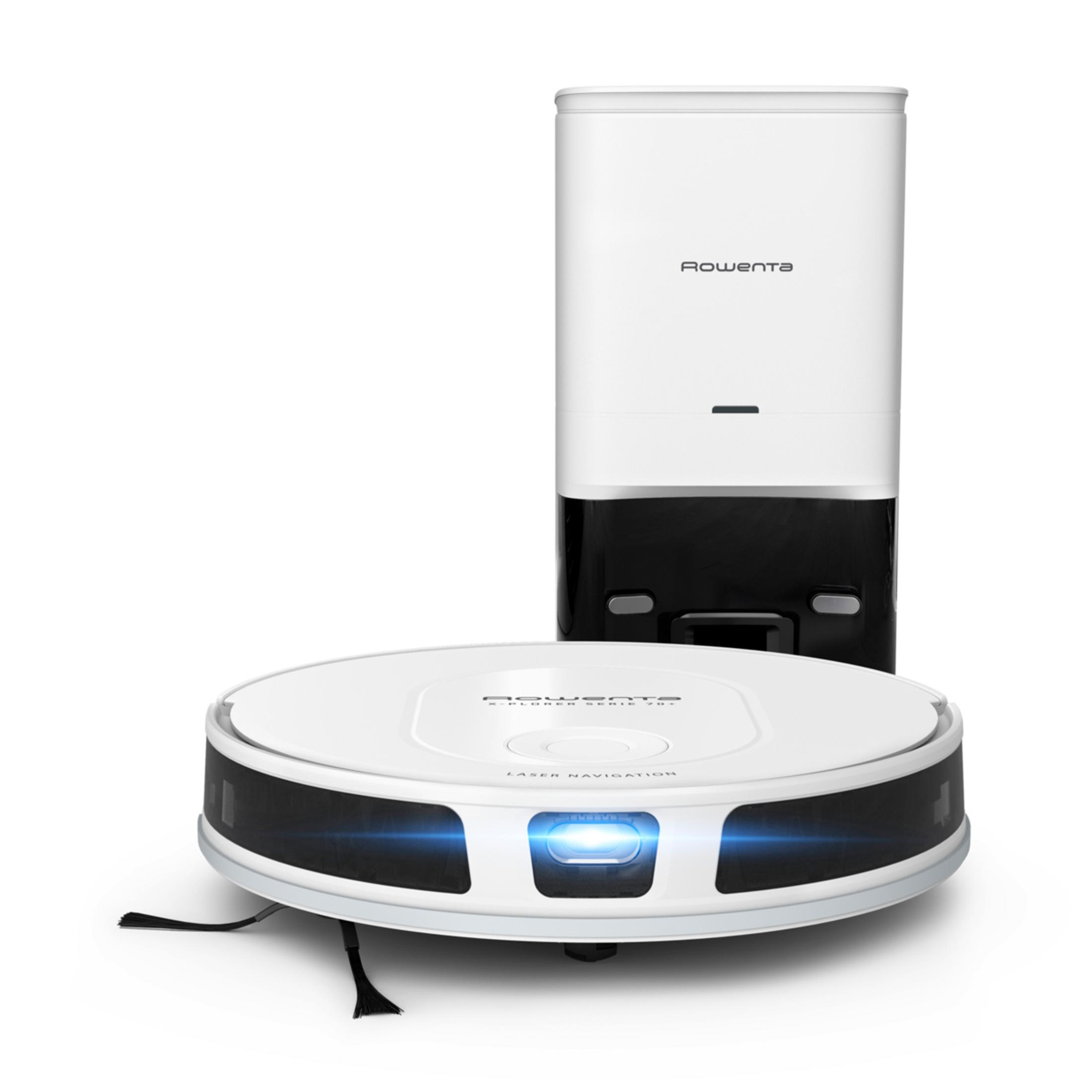 Biały robot sprzątający z niebieskimi światłami i białą stacją ładującą.