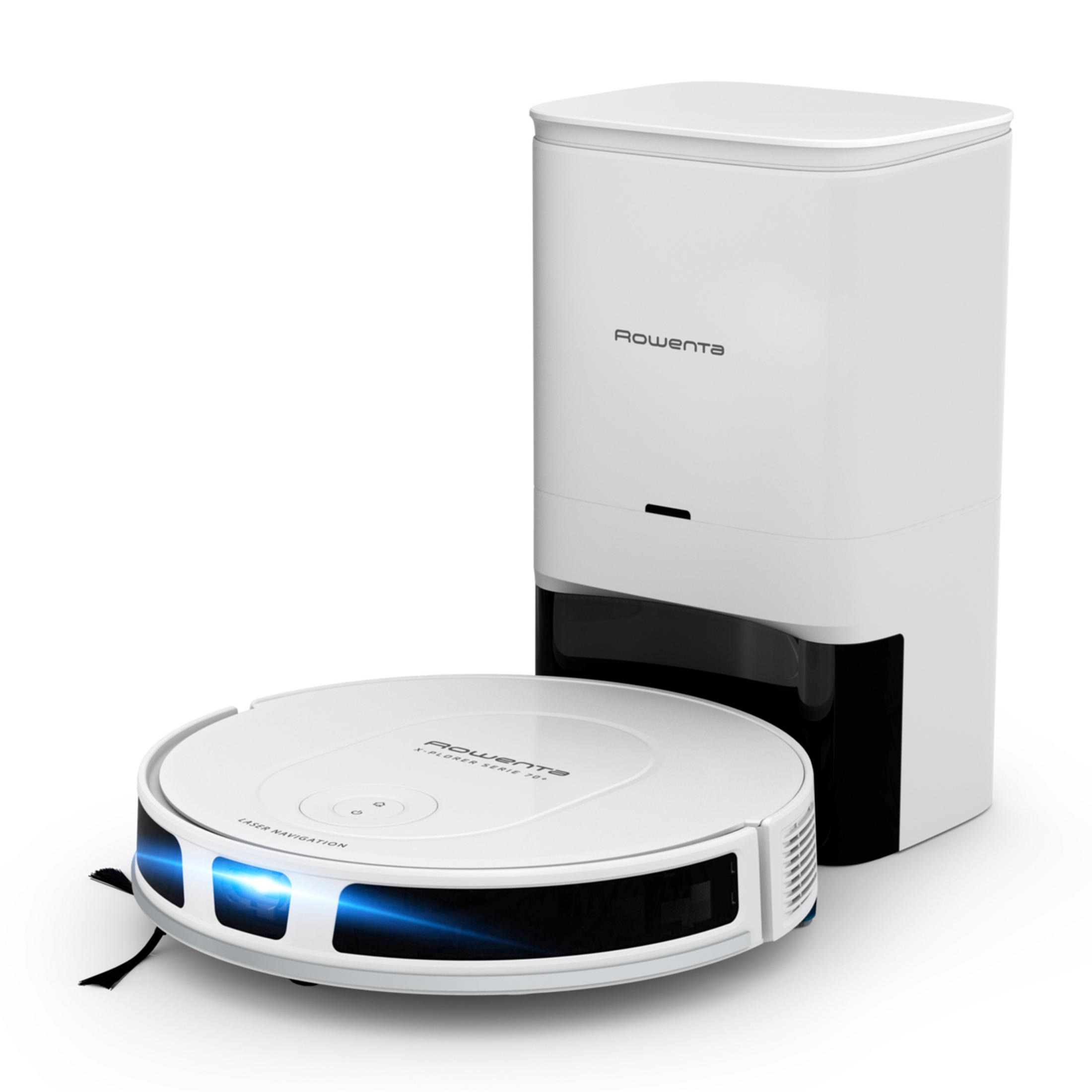 Biały robot sprzątający z niebieskimi światłami obok białej stacji ładującej.