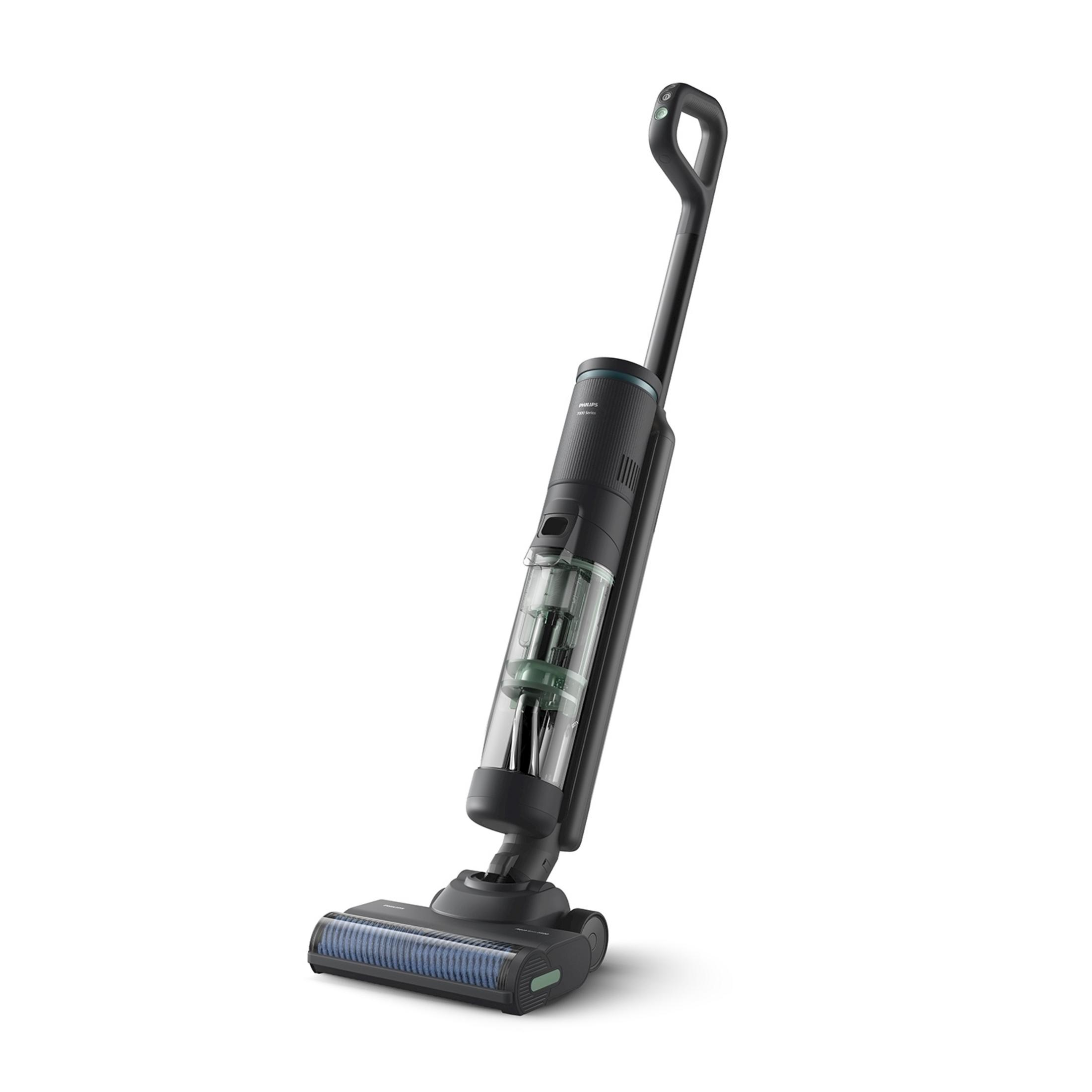 Un aspirapolvere senza fili Philips AquaTrio nero con serbatoio dell'acqua trasparente.
