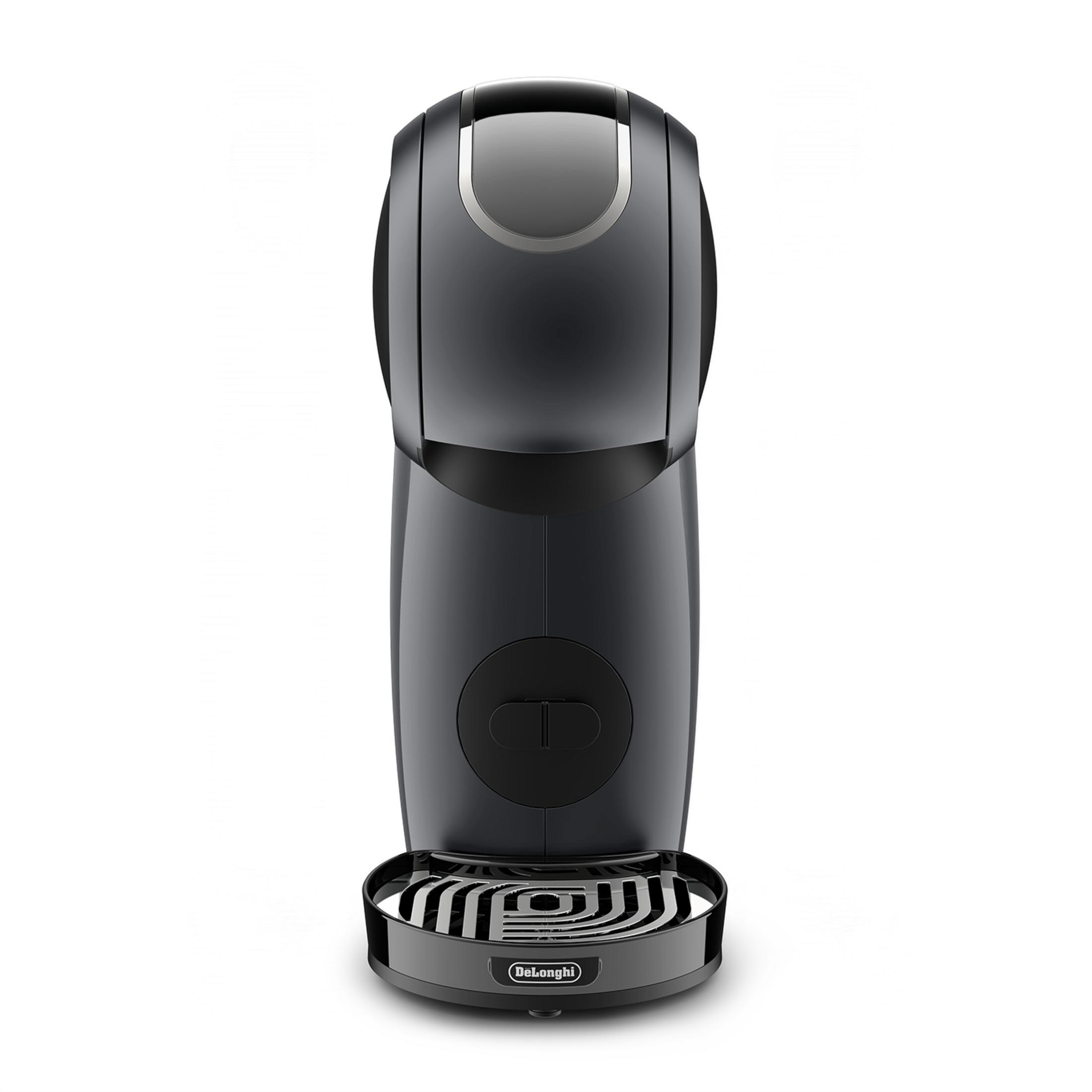 Ciemnoszara ekspres do kawy z srebrną krawędzią i tacką ociekową.