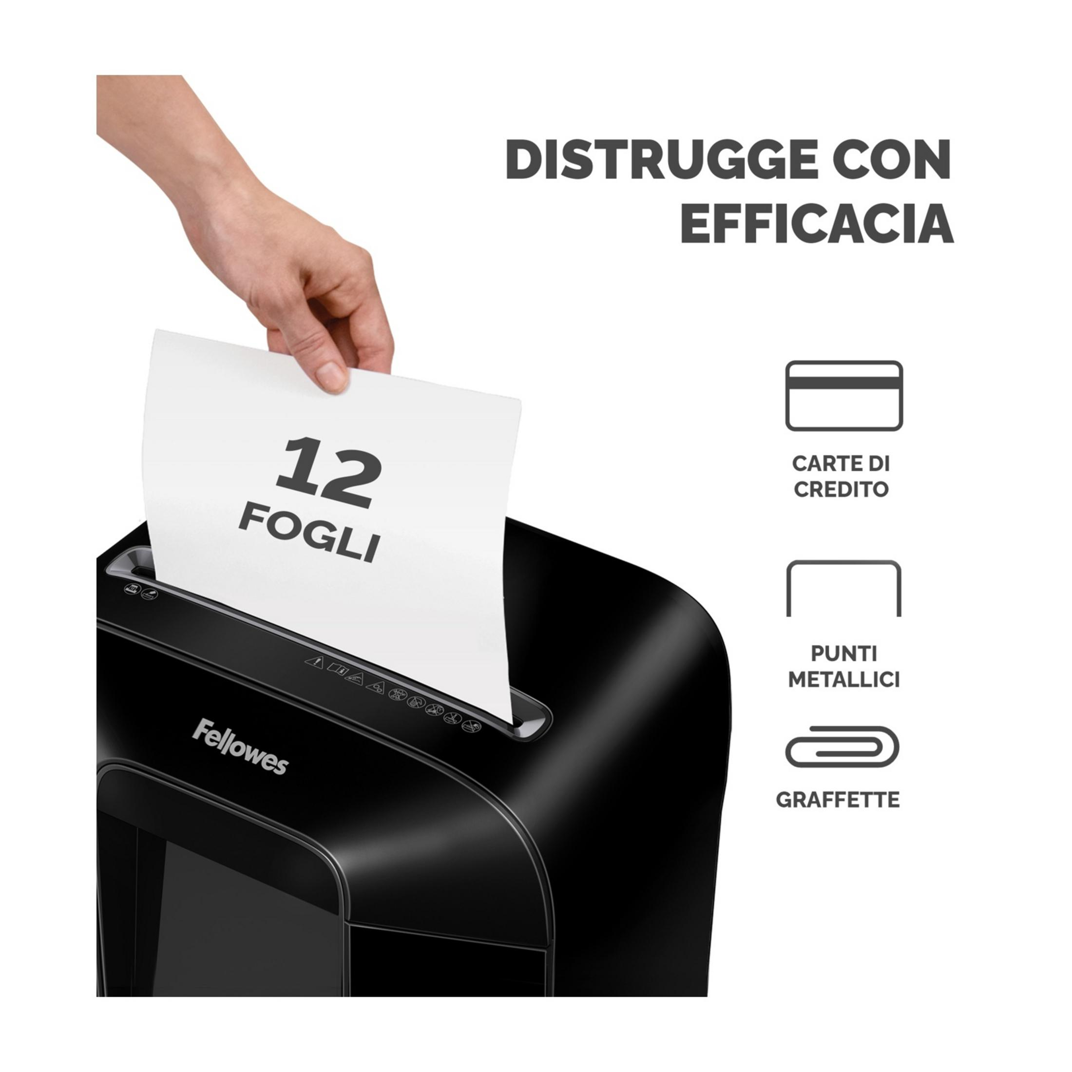 Une main insère du papier dans une déchiqueteuse Fellowes noire. Icônes carte, agrafes.