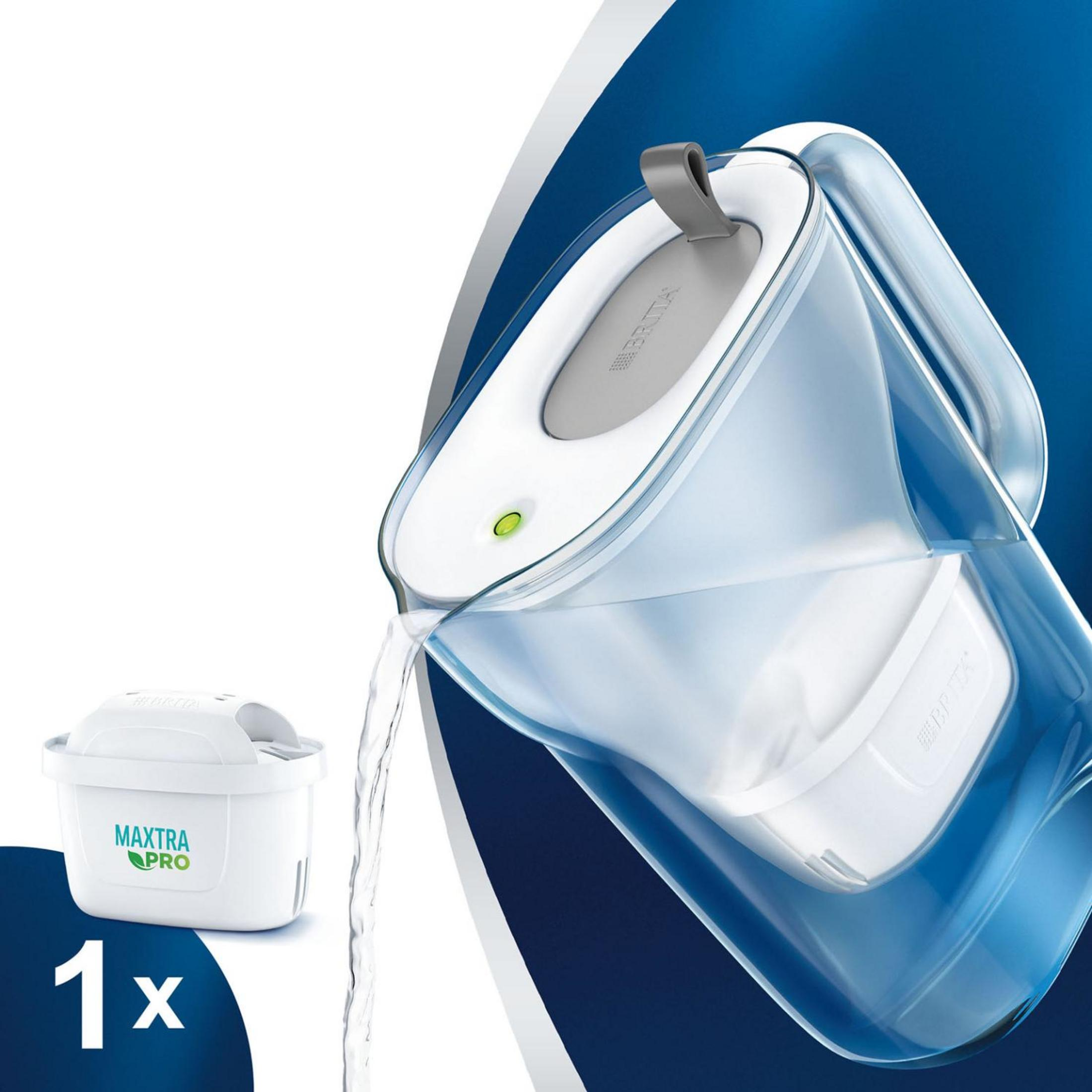 Una caraffa Brita con un filtro, versandovi acqua.