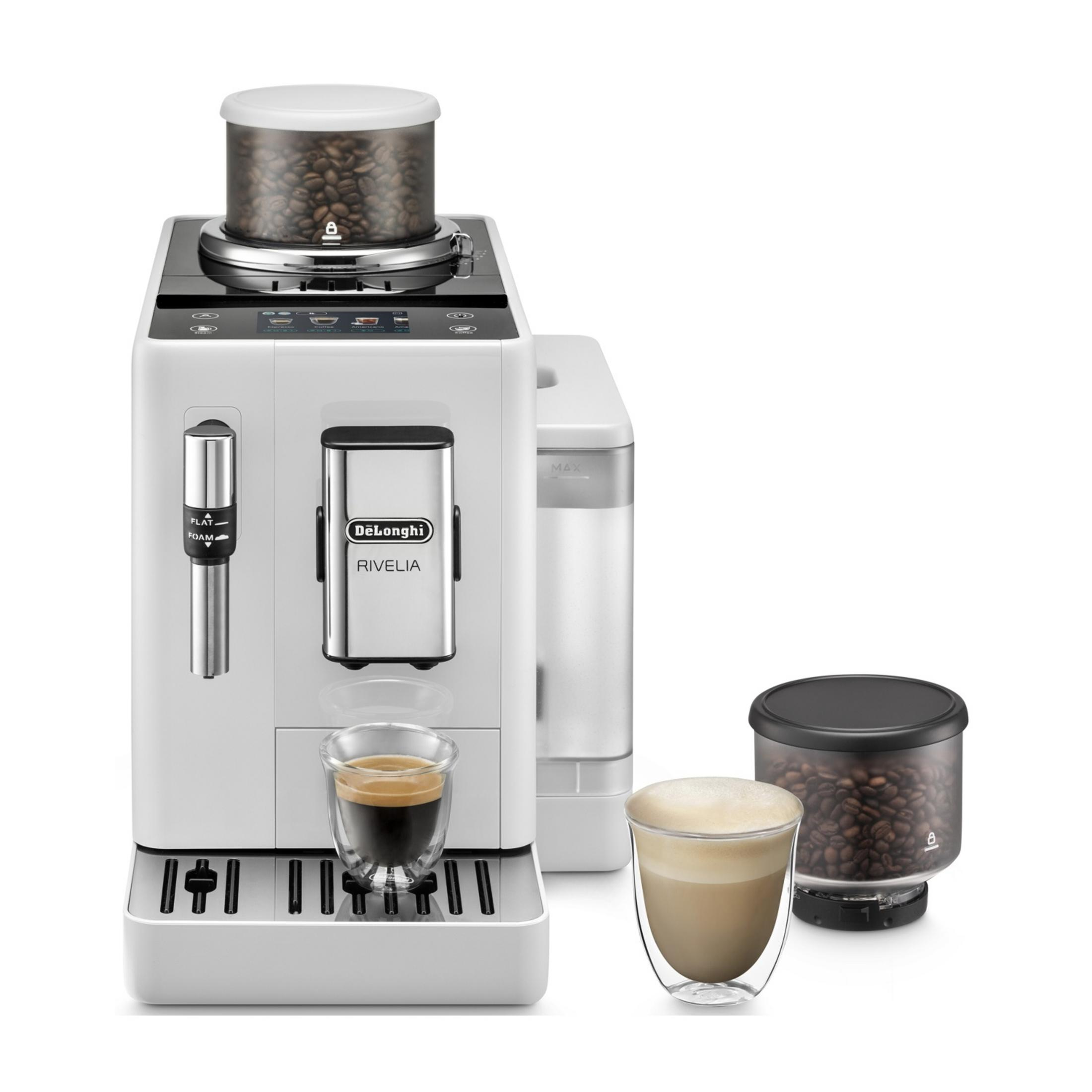 Biała maszyna do kawy z pojemnikiem na ziarna, dwoma filiżankami kawy i pojemnikiem na mleko.