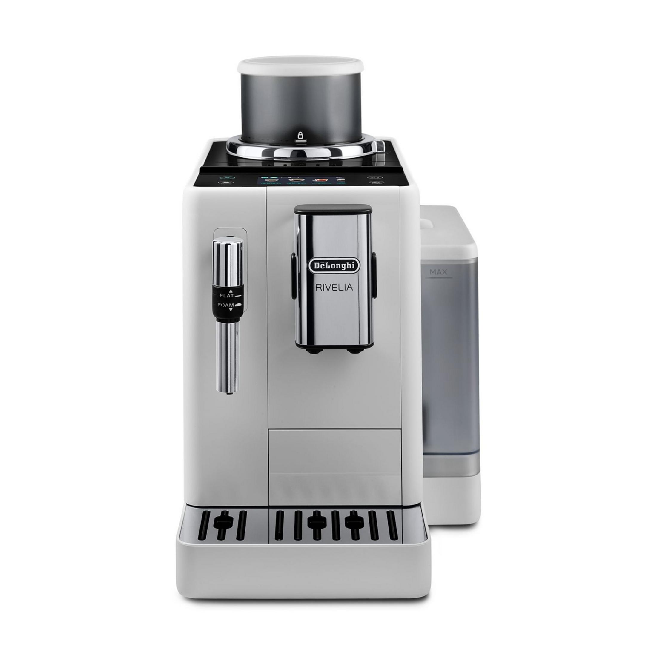 Biała maszyna do kawy DeLonghi z srebrnymi akcentami i zbiornikiem na wodę.