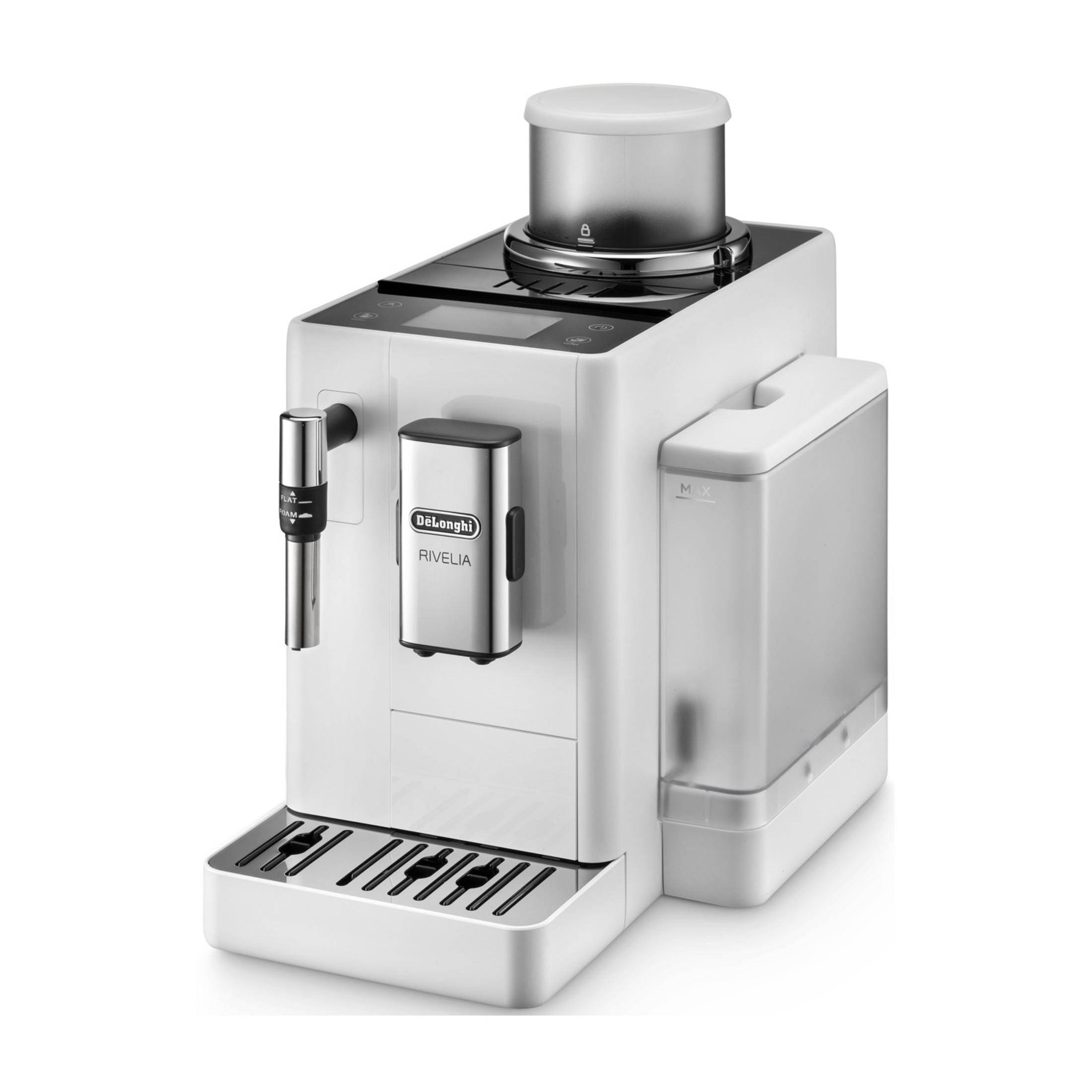 Biały ekspres do kawy z srebrnymi akcentami i przezroczystym zbiornikiem na wodę.