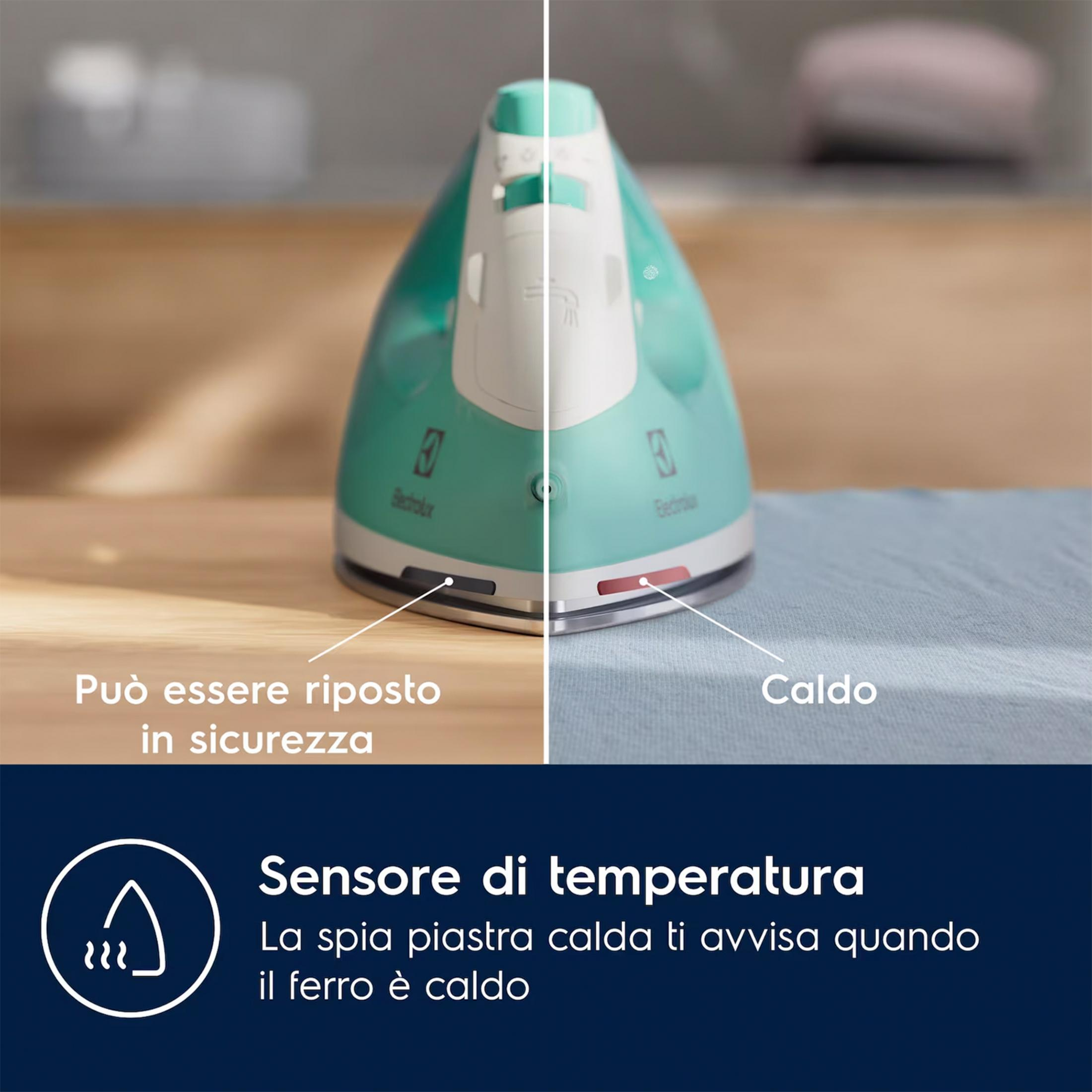Un ferro da stiro con spia di temperatura, sicuro da riporre, caldo.