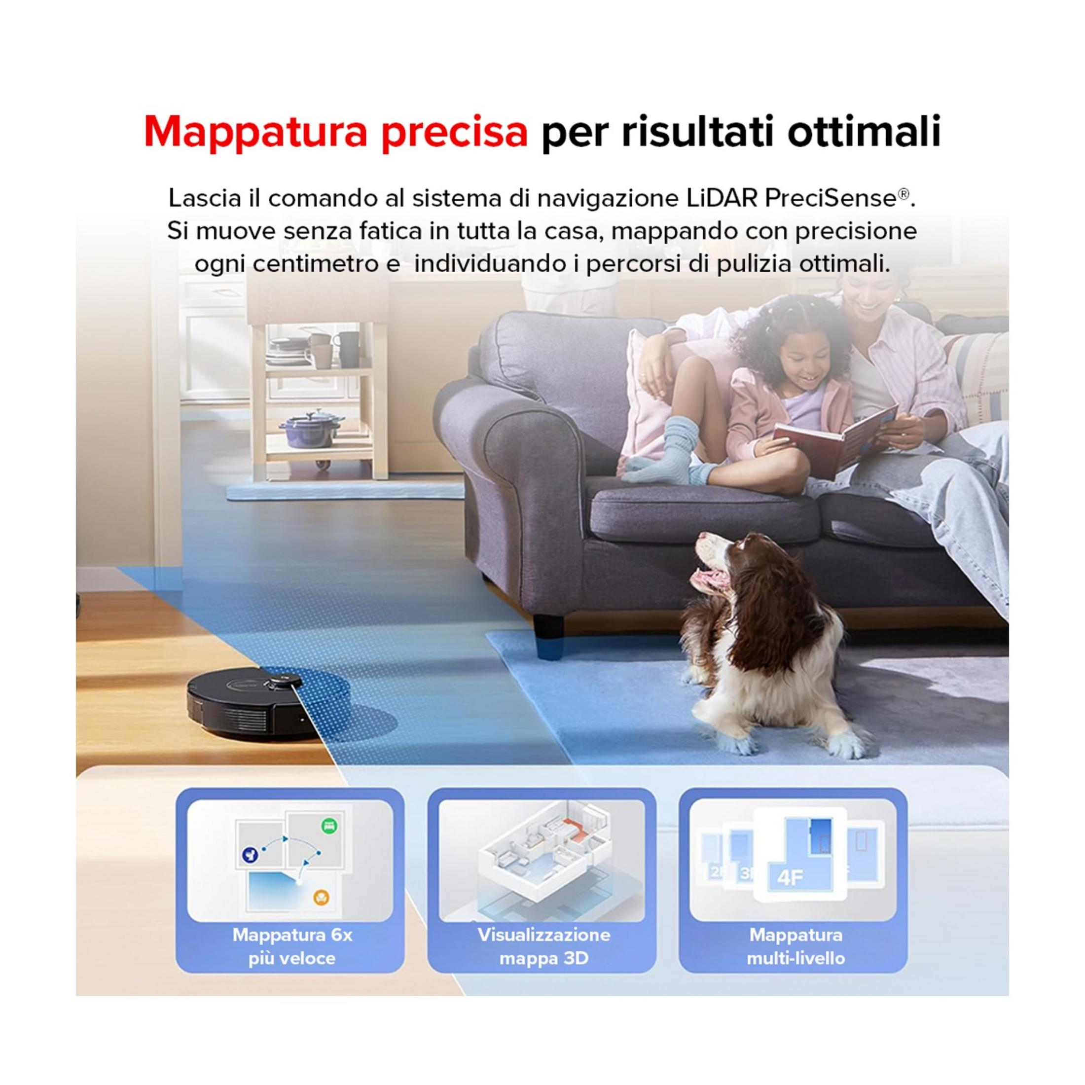 Ein Saugroboter kartiert ein Zuhause, während eine Familie und ein Hund im Wohnzimmer entspannen.