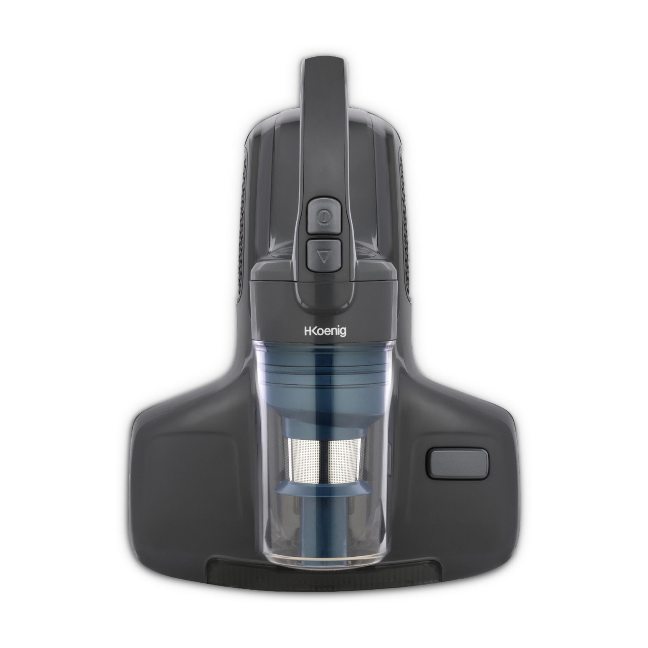 A dark gray handheld vacuum cleaner with a clear dustbin and blue filter.