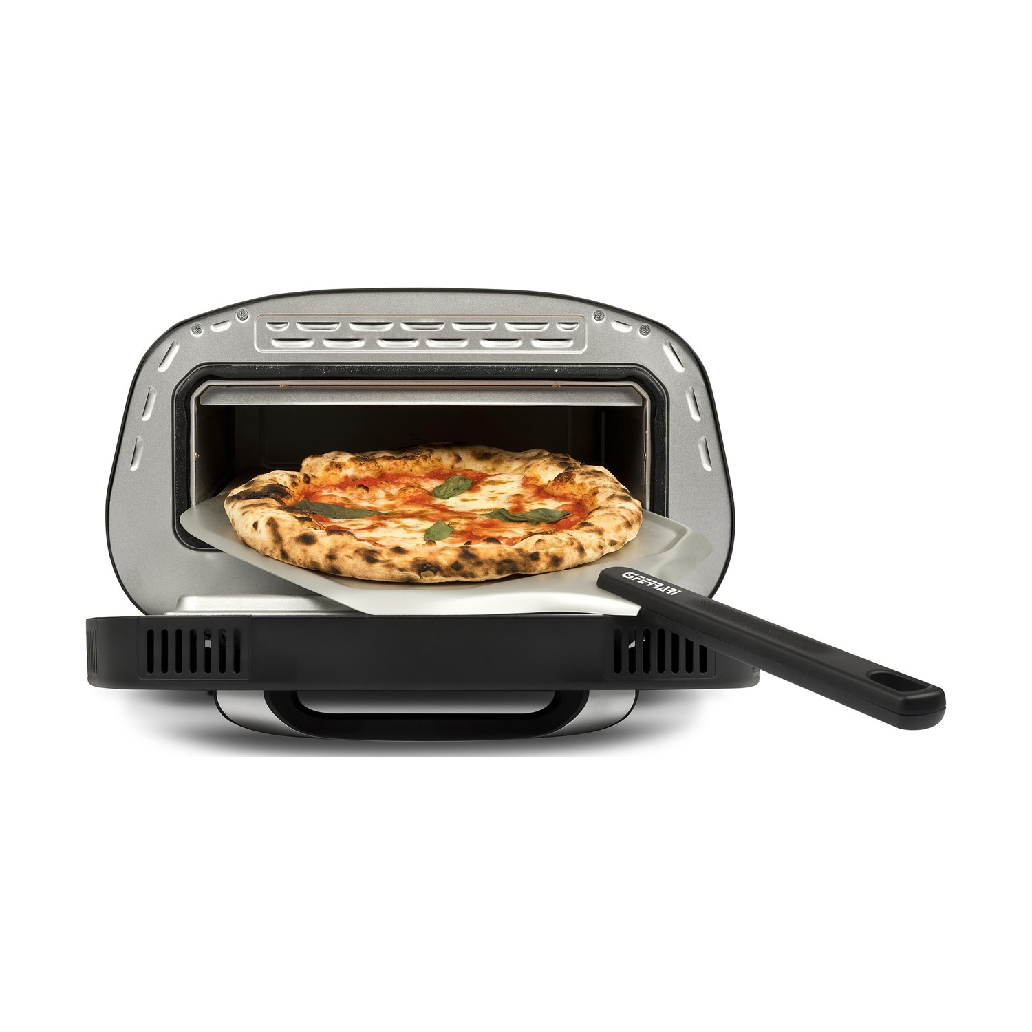 Un forno per pizza rotondo con una pizza cotta su una pala per pizza.