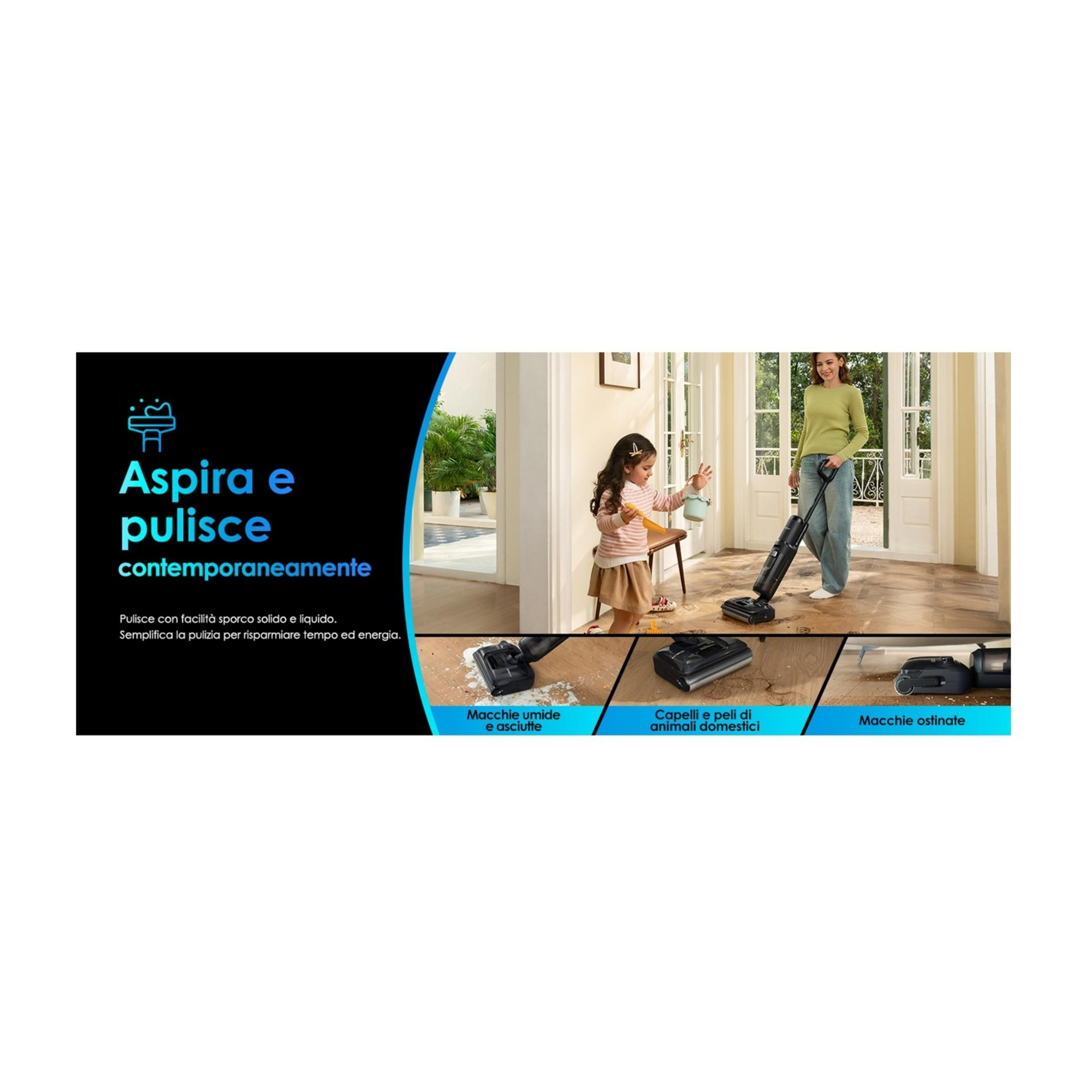 Mężczyzna używa odkurzacza na drewnianej podłodze. Trzy zbliżenia pokazują różne funkcje czyszczenia.