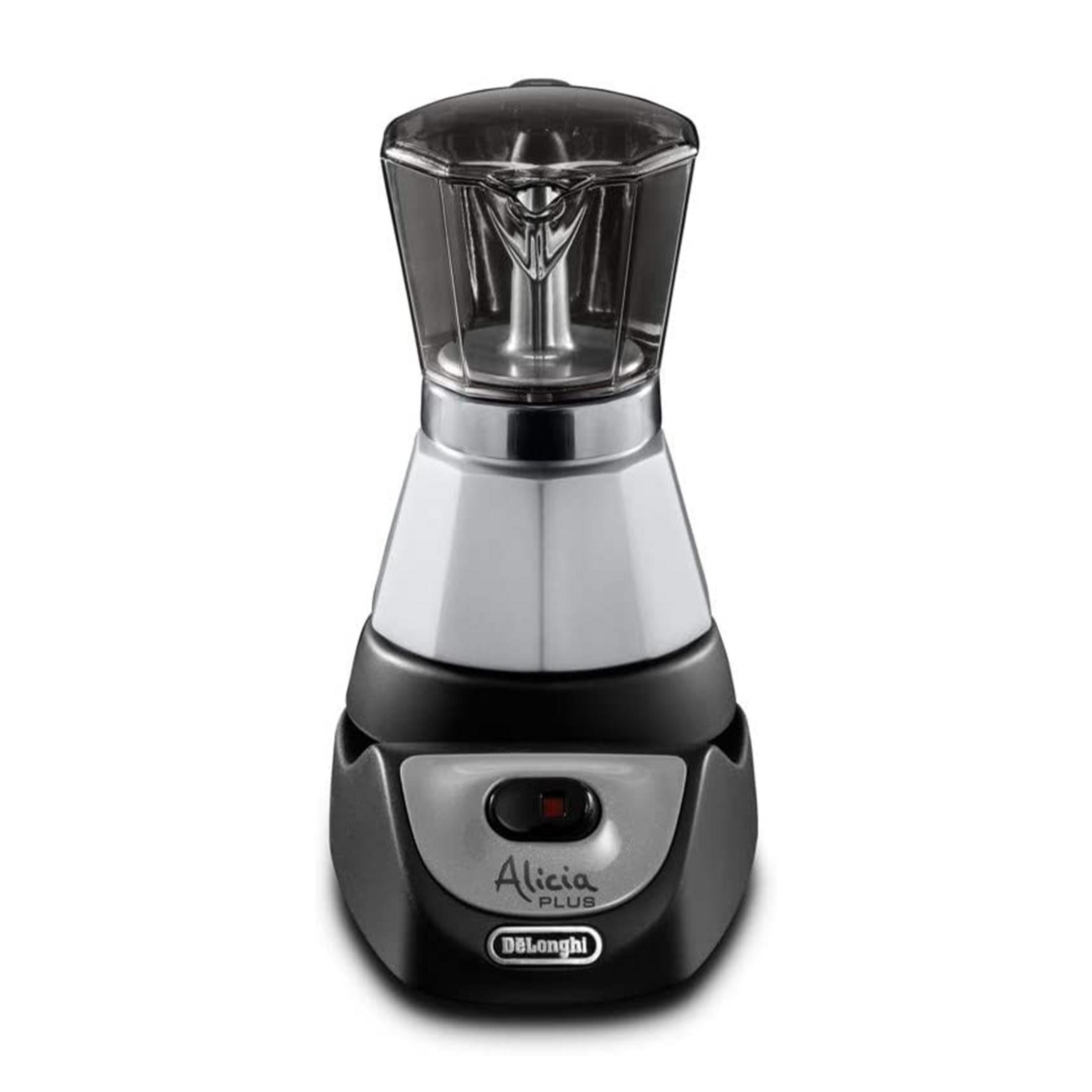 Czarno-srebrna ekspres do kawy z przezroczystą pokrywką.