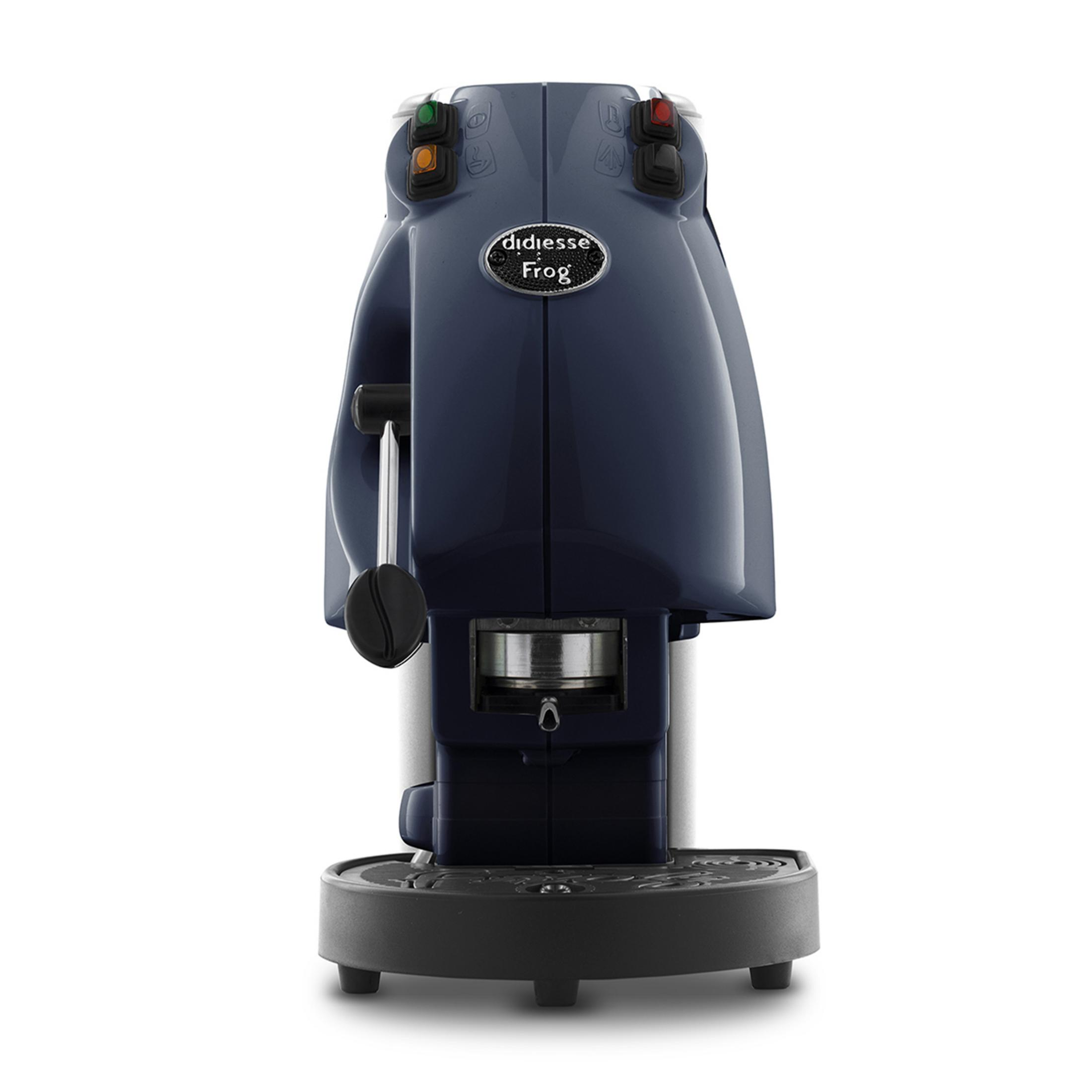 Granatowa ekspres do kawy ze srebrnymi akcentami i przyciskami sterowania.