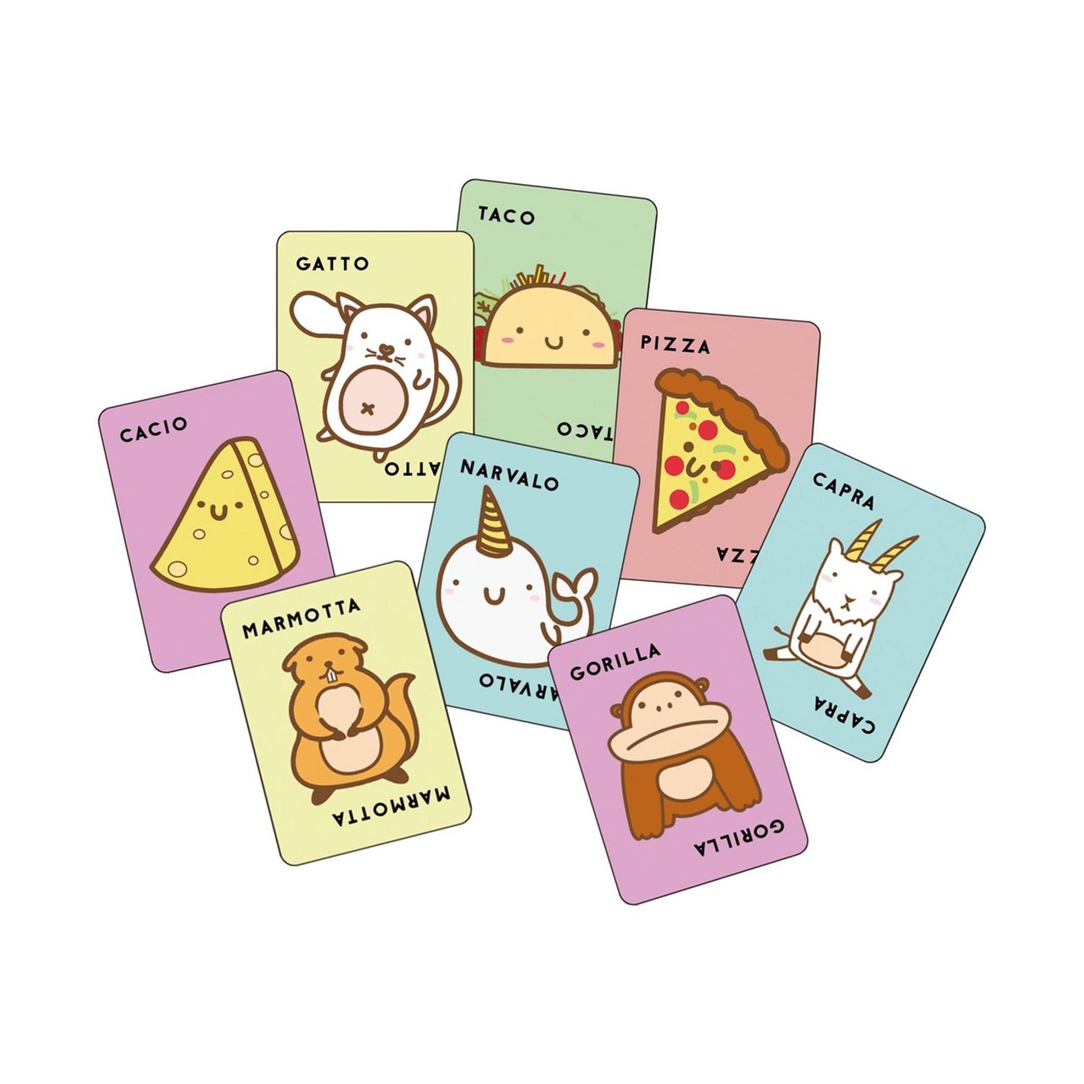 Carte colorate con simpatici personaggi dei cartoni animati: gatto, taco, pizza, narvalo, capra, marmotta.