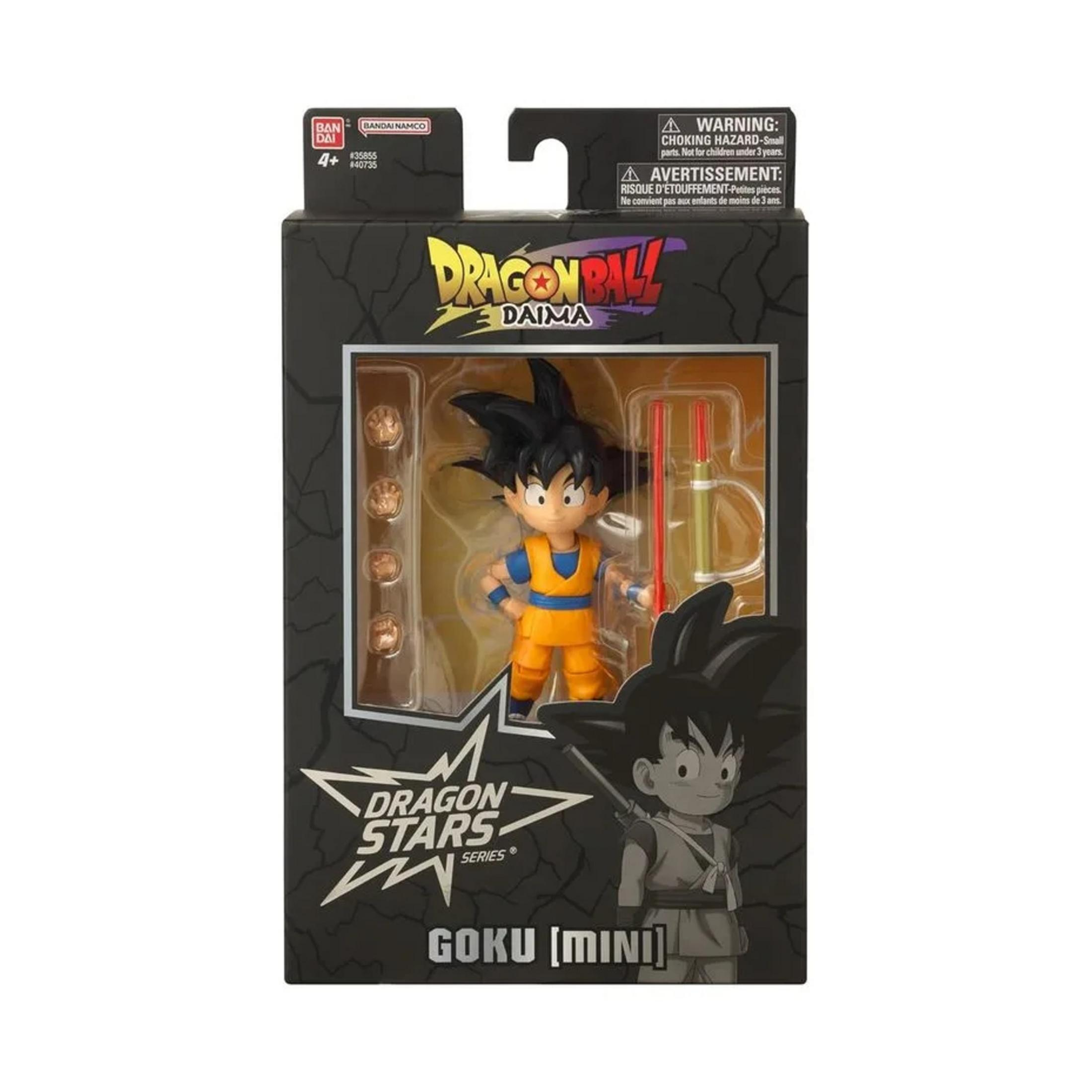 Figura de acción de Goku con traje naranja y accesorios en caja.