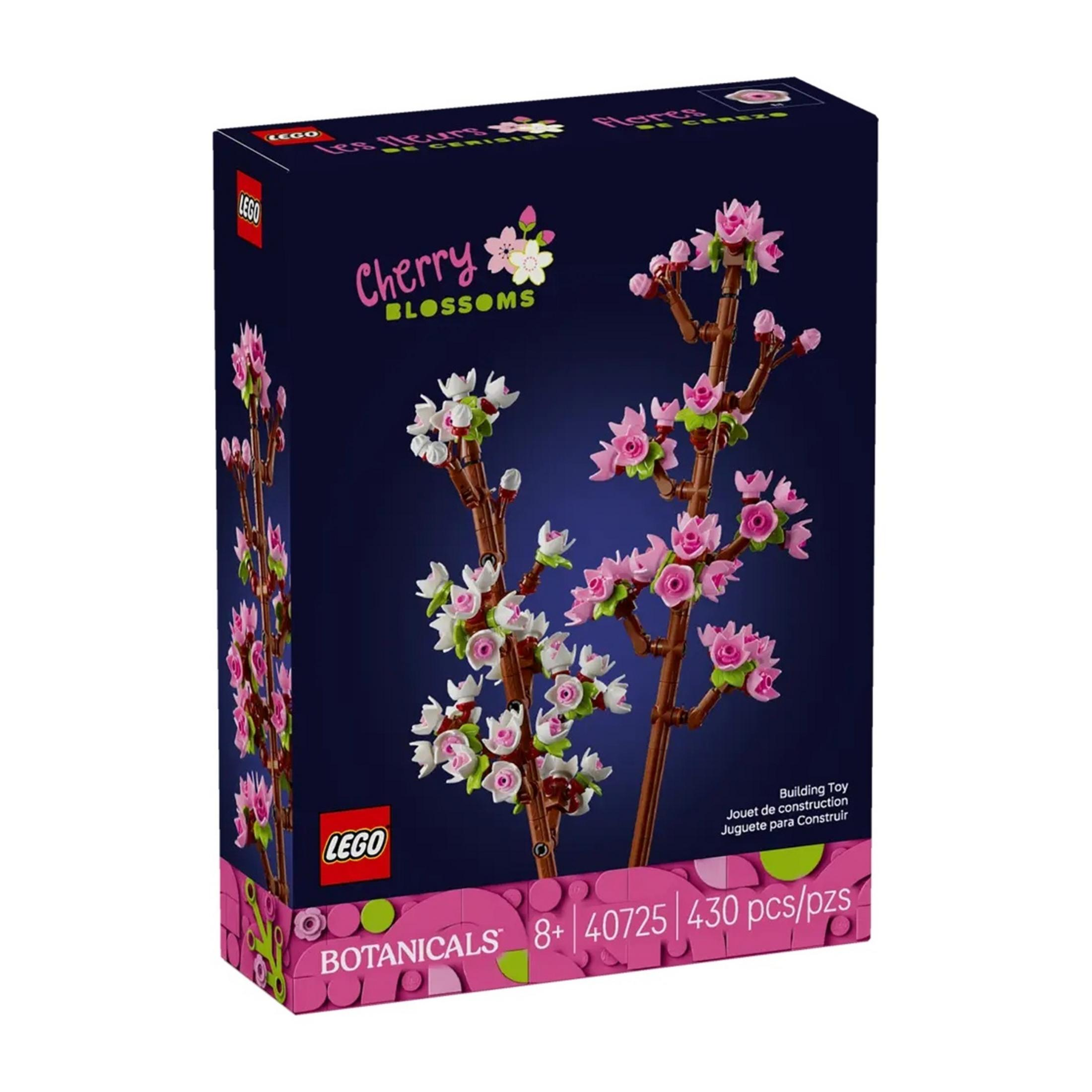 LEGO Kiraz Çiçekleri seti, pembe ve beyaz çiçekli koyu mavi kutuda.