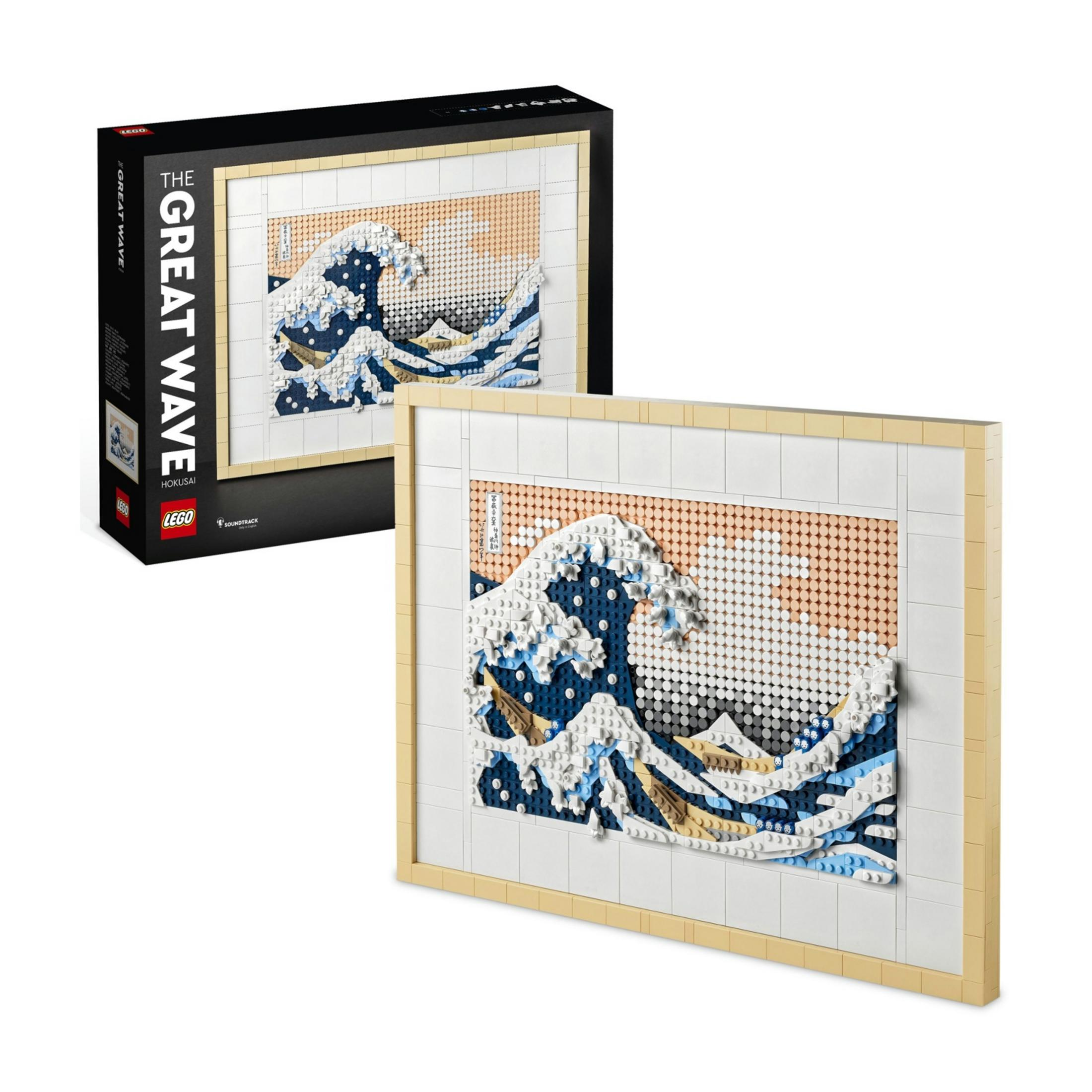 Zestaw Lego przedstawiający "Wielką Falę" Hokusai, oprawiony w ramę.