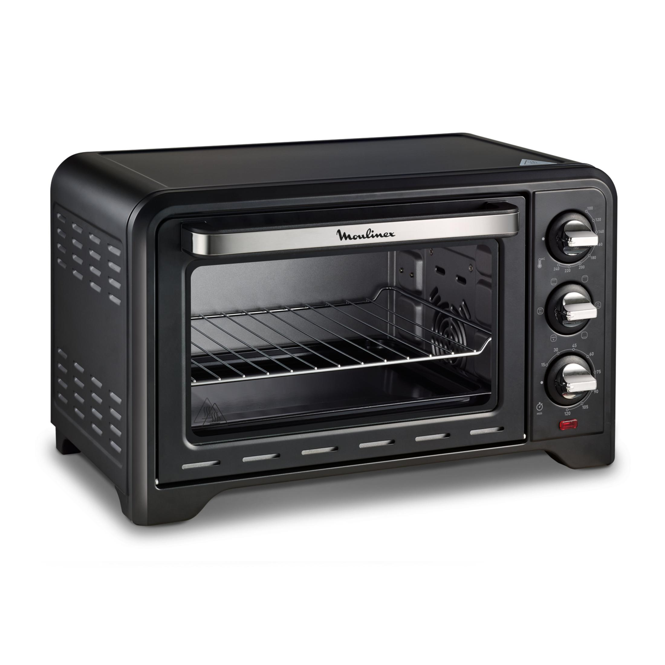 Czarny piekarnik Moulinex nablatowy z trzema pokrętłami i rusztem wewnątrz.