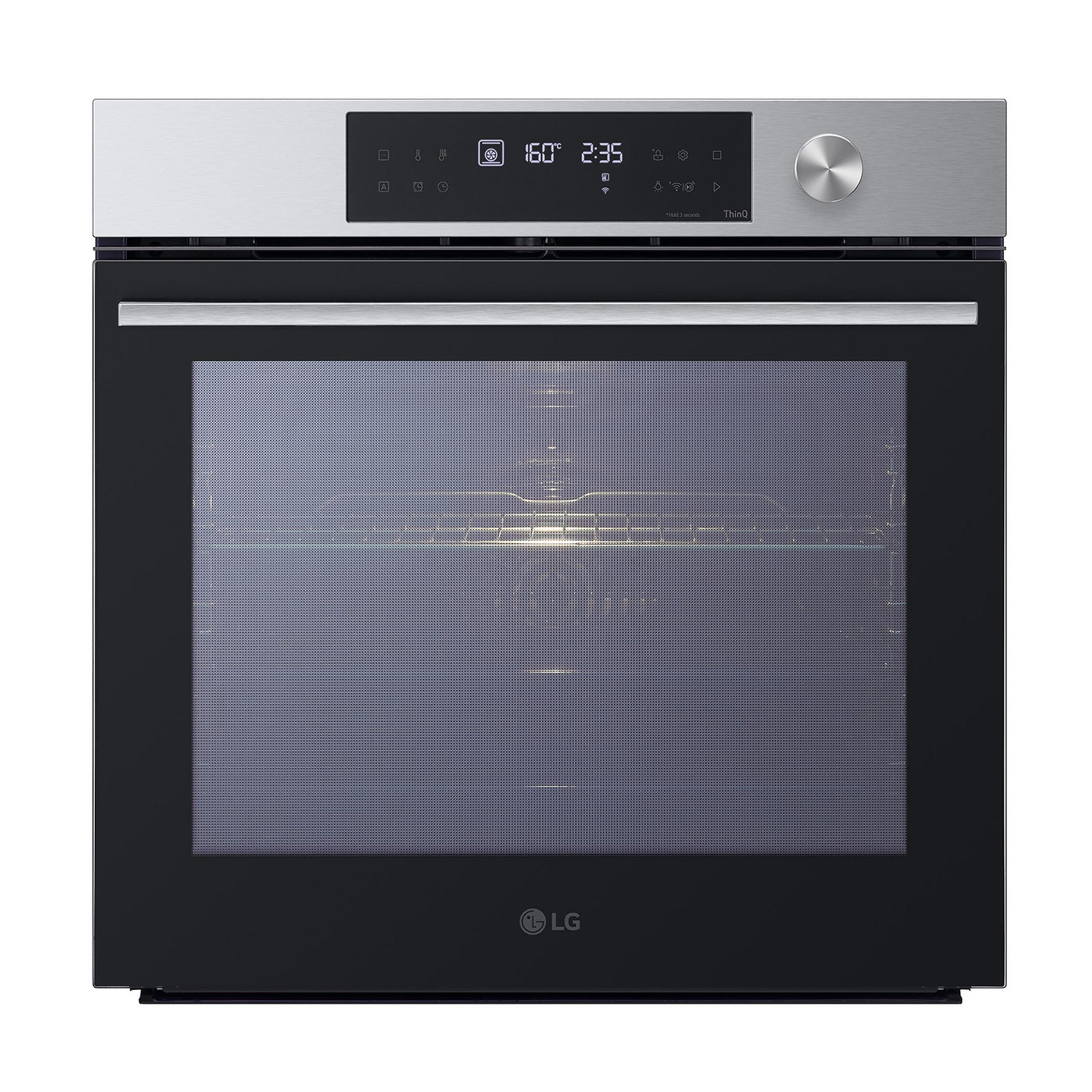 Horno LG moderno con pantalla digital y mando. Se ve una rejilla en el interior.