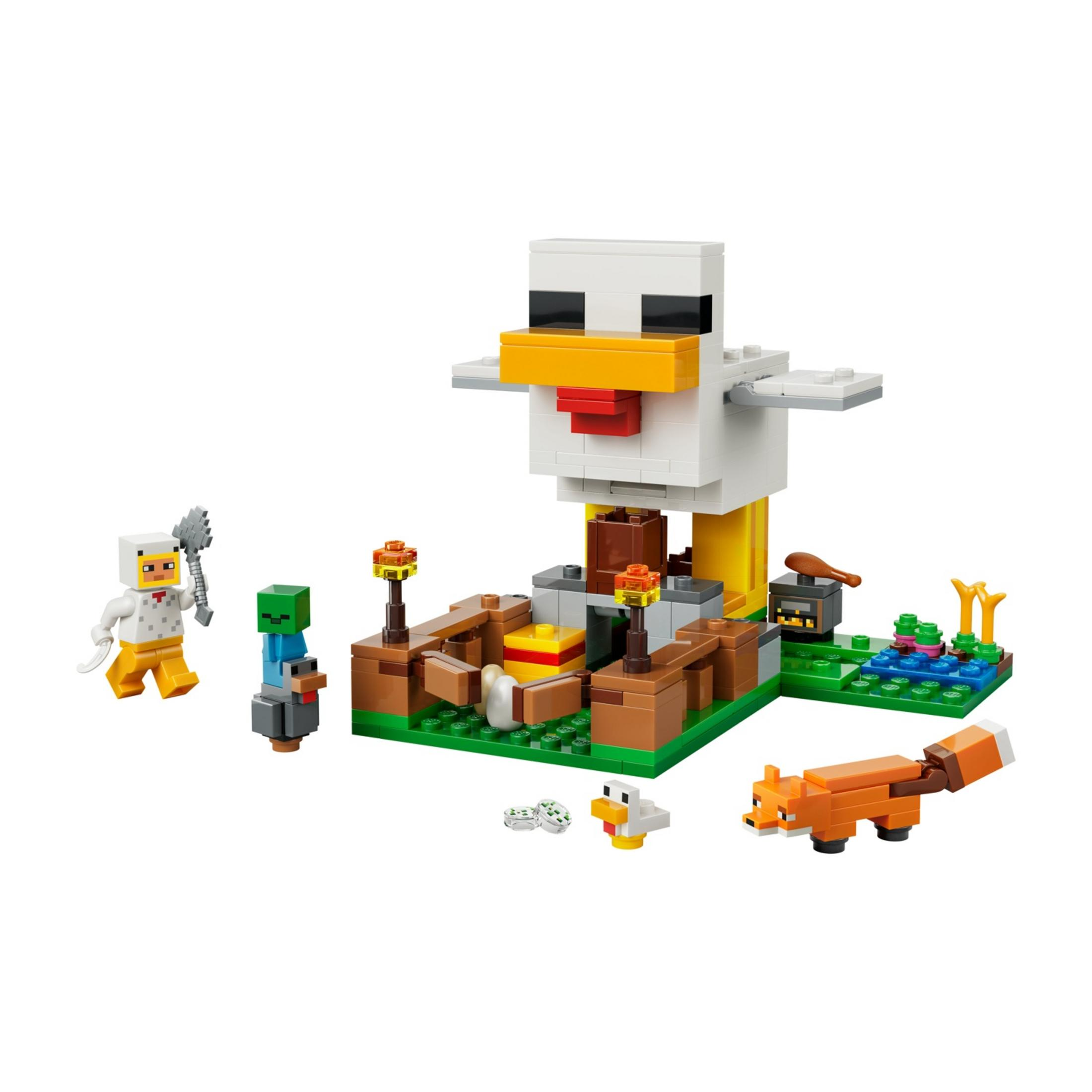 Zestaw konstrukcyjny Minecraft z kurnikiem, figurkami i zwierzętami.