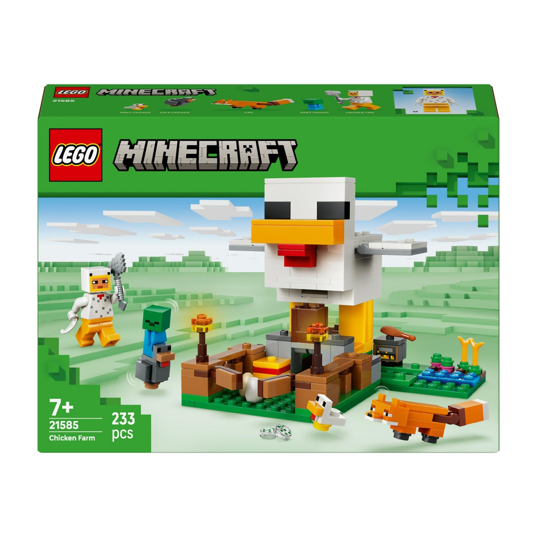Farma kurczaków LEGO Minecraft z postaciami, kurczakiem, lisem i zombie w zielonym krajobrazie.