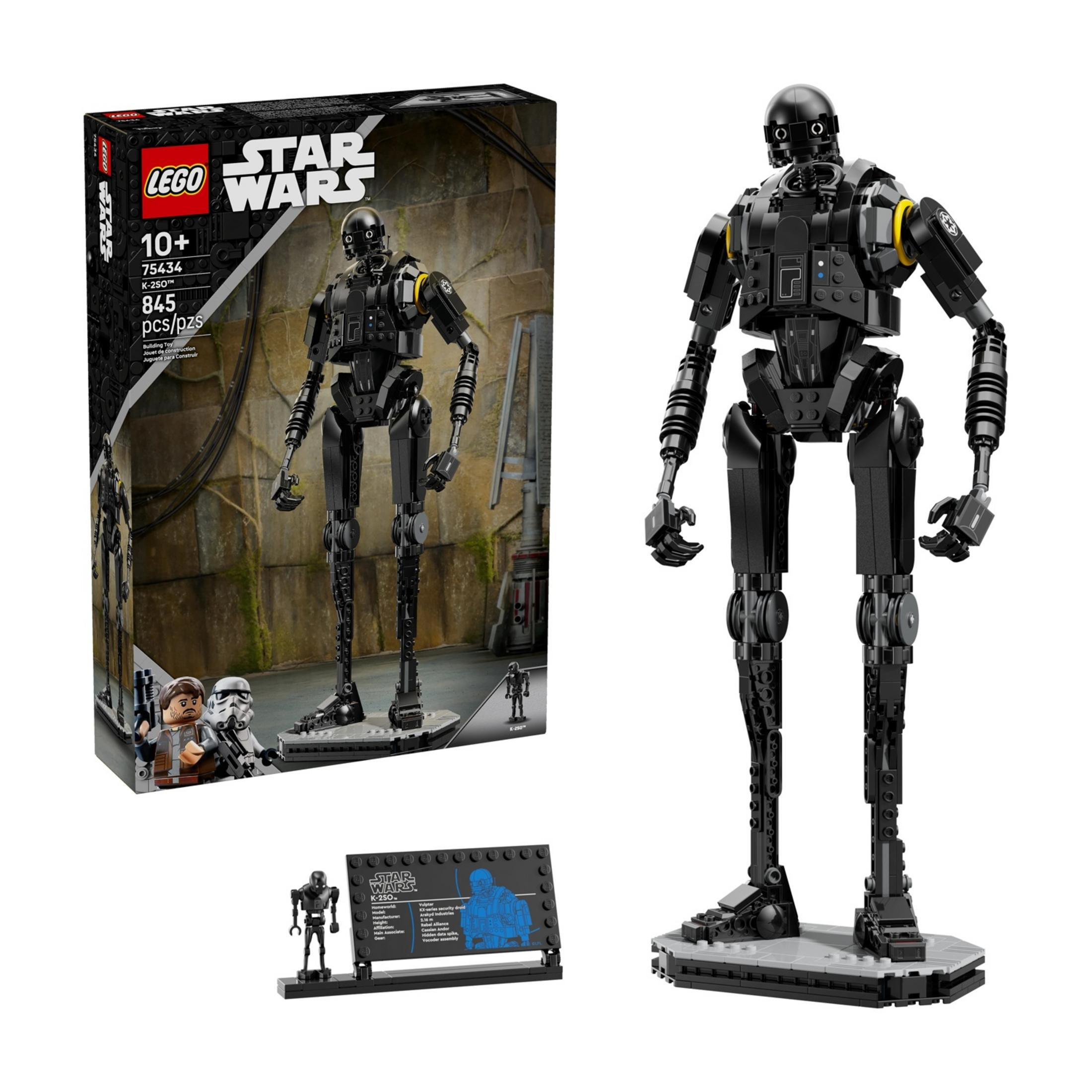Droid K-2SO LEGO Star Wars z opakowaniem i akcesoriami. Czarny droid na szarej podstawce.