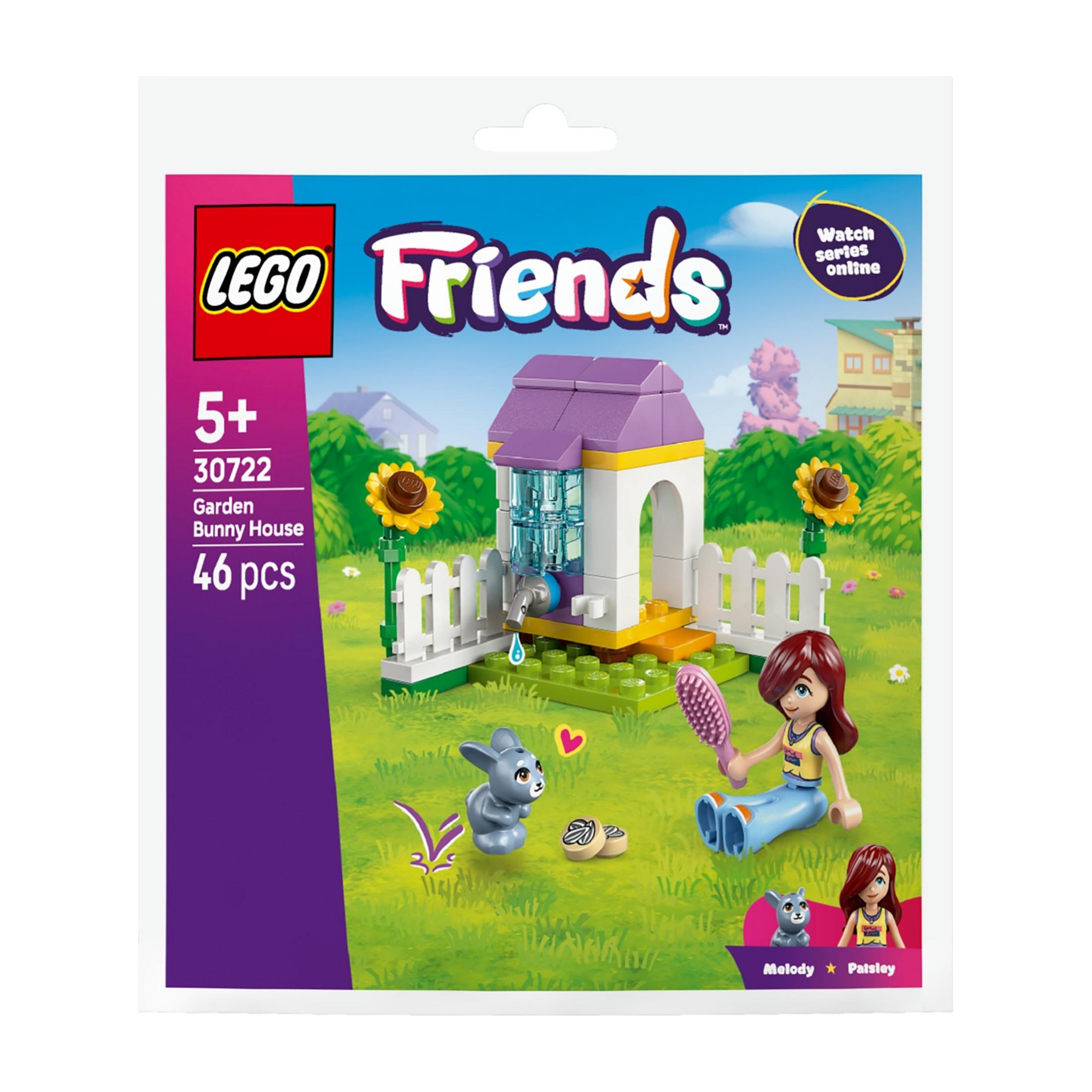 Set da giardino Lego Friends con casa, coniglio, personaggio e fiori. 46 pezzi.